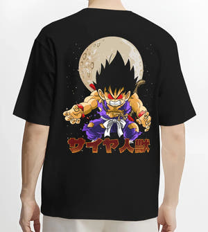 Black T-shirt worn by male model, back view with Dragon Ball Z Hoodie Kid Goku Oozaru Transformation graphic bold anime graphic.