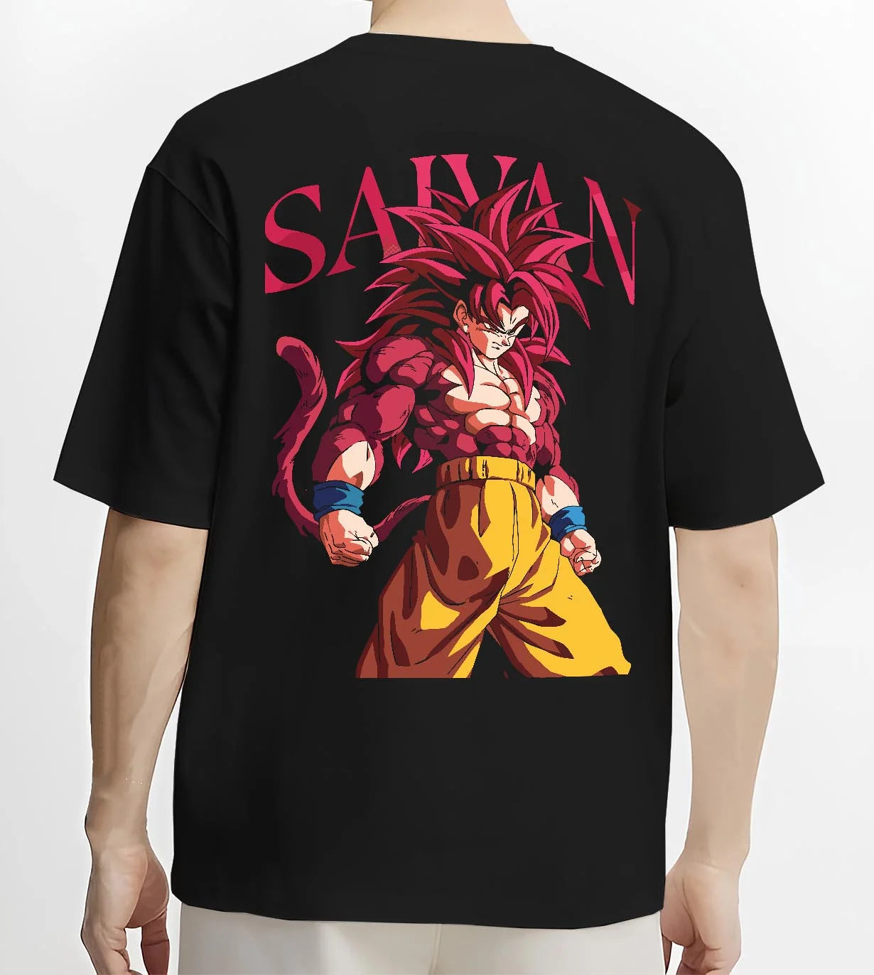 Black T-shirt worn by male model, back view with Dragon Ball Z Hoodie Goku Super Saiyan 4 Jumper graphic Goku themed artwork.