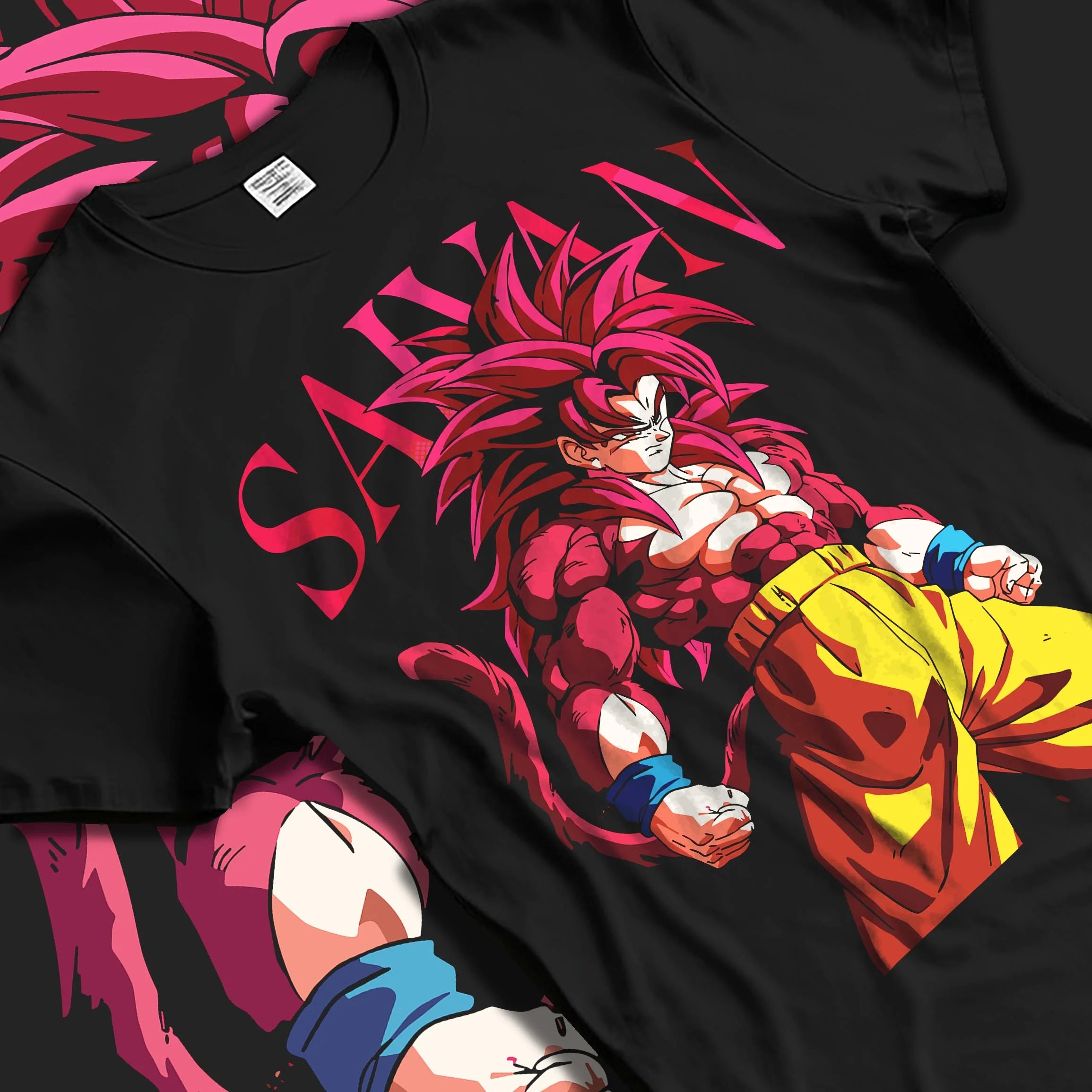 Black T-shirt laid flat with natural folds with Dragon Ball Z Hoodie Goku Super Saiyan 4 Jumper graphic bold anime graphic.
