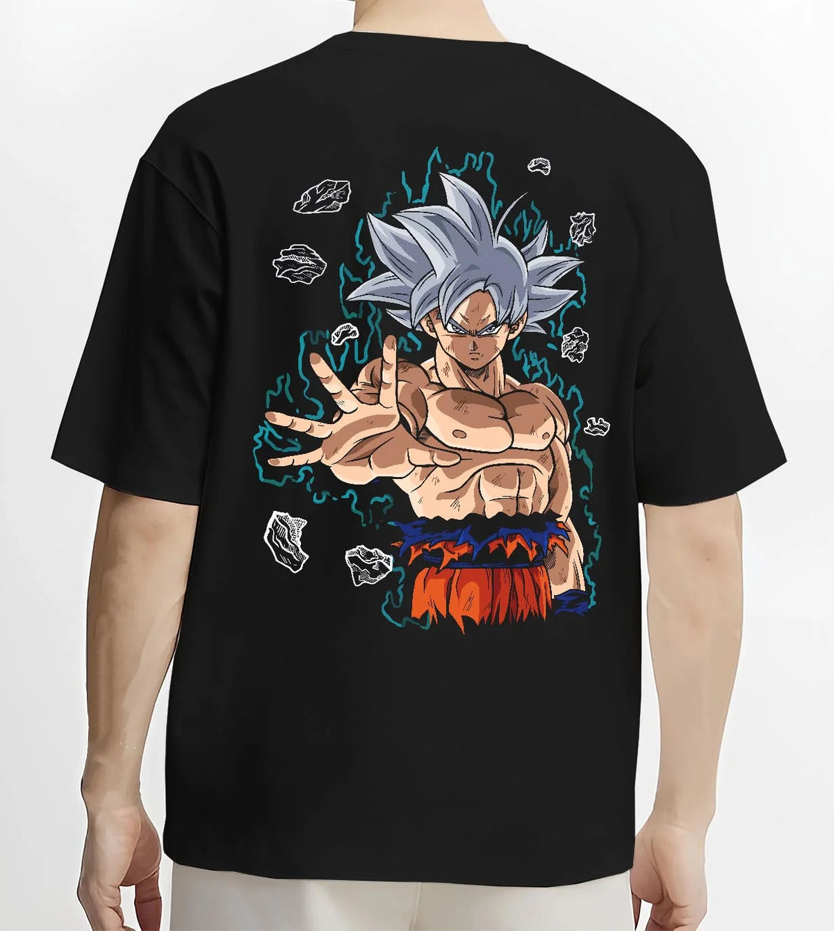 Black T-shirt worn by male model from the back featuring Goku Ultra Instinct silver aura artwork.