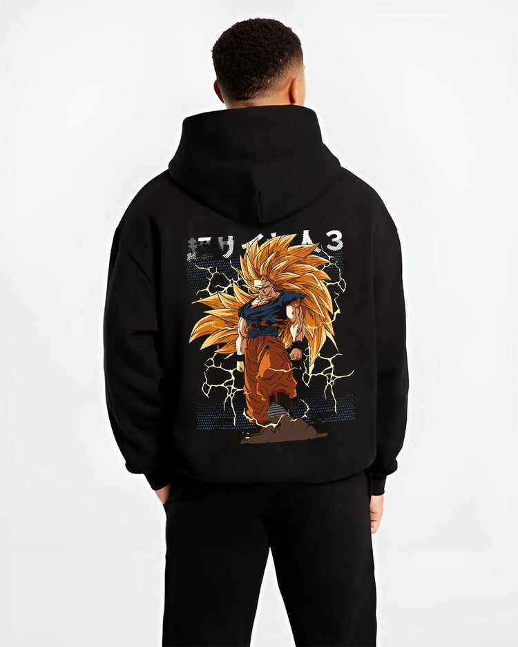 Black hoodie worn by male model, back view with Dragon Ball Z Hoodie Goku Super Saiyan 3 Jumper graphic premium wear.