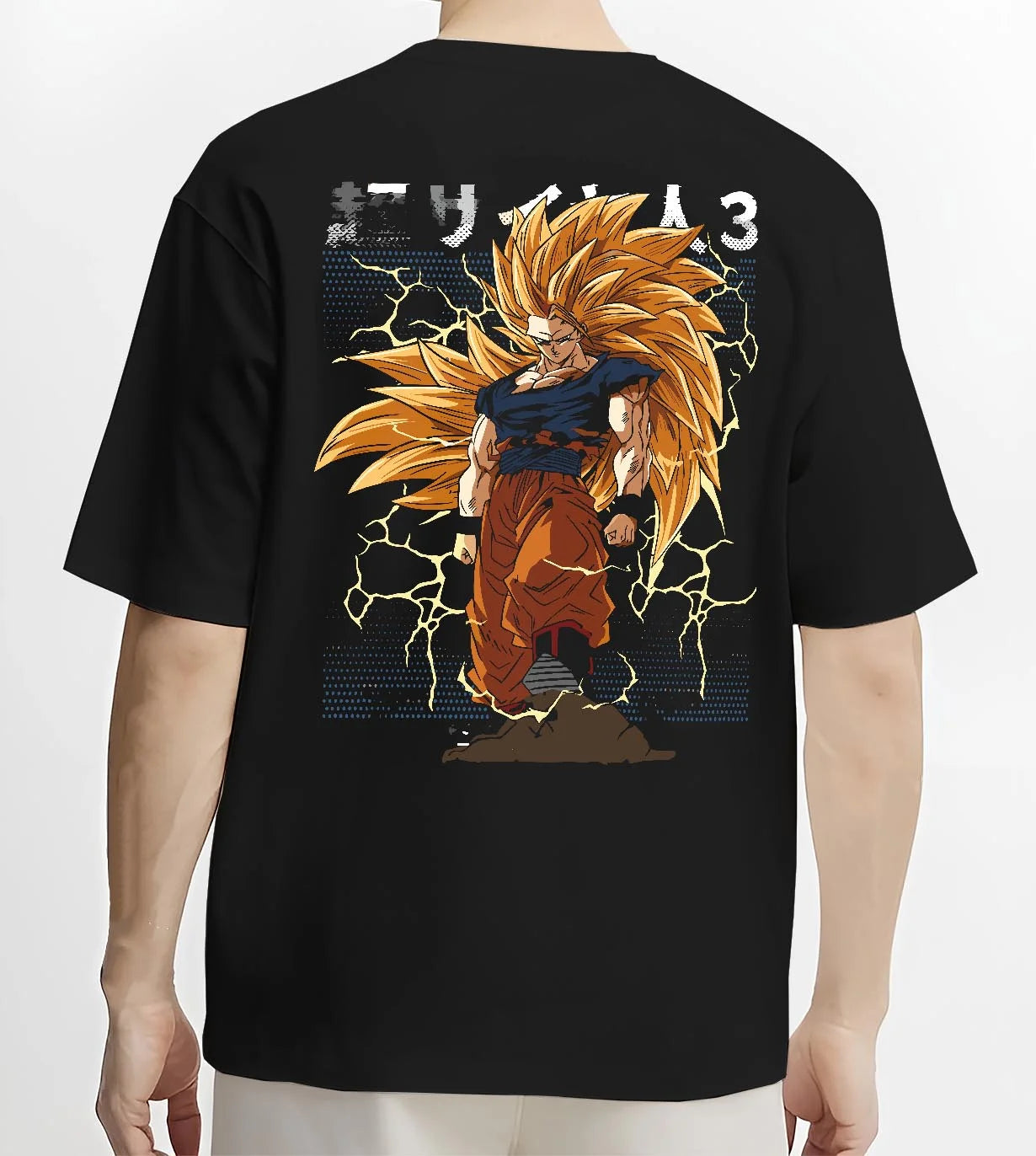 Black T-shirt worn by male model, back view with Dragon Ball Z Hoodie Goku Super Saiyan 3 Jumper graphic premium wear.