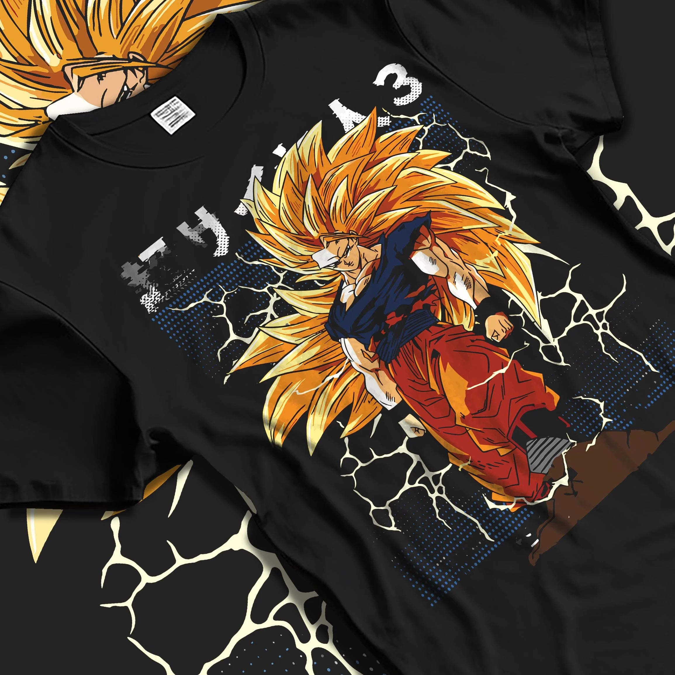 Black T-shirt laid flat with natural folds with Dragon Ball Z Hoodie Goku Super Saiyan 3 Jumper graphic premium wear.