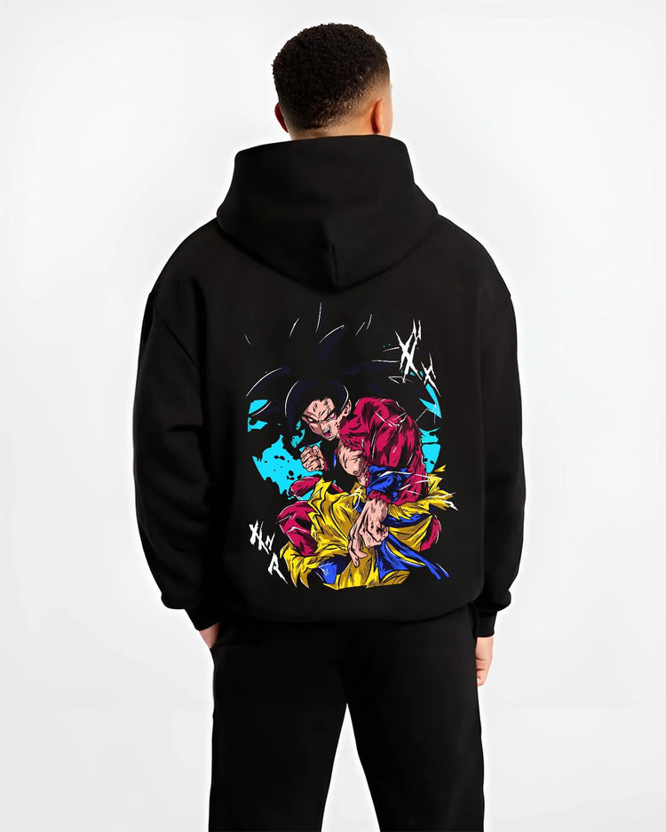 Black hoodie worn by male model, back view with Dragon Ball Z Hoodie Goku Super Saiyan 4 Power Jumper graphic bold anime graphic.