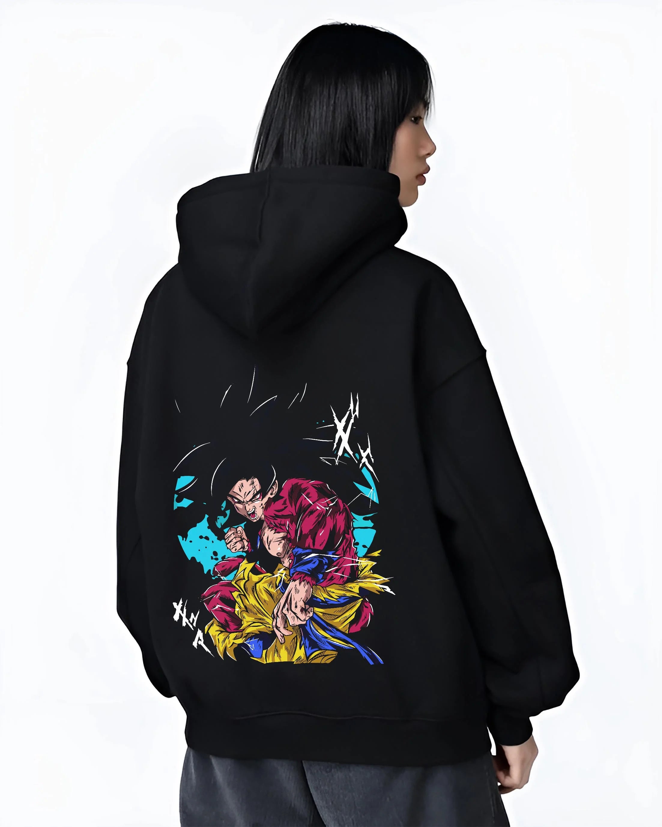 Black hoodie worn by female model, back view with Dragon Ball Z Hoodie Goku Super Saiyan 4 Power Jumper graphic premium wear.