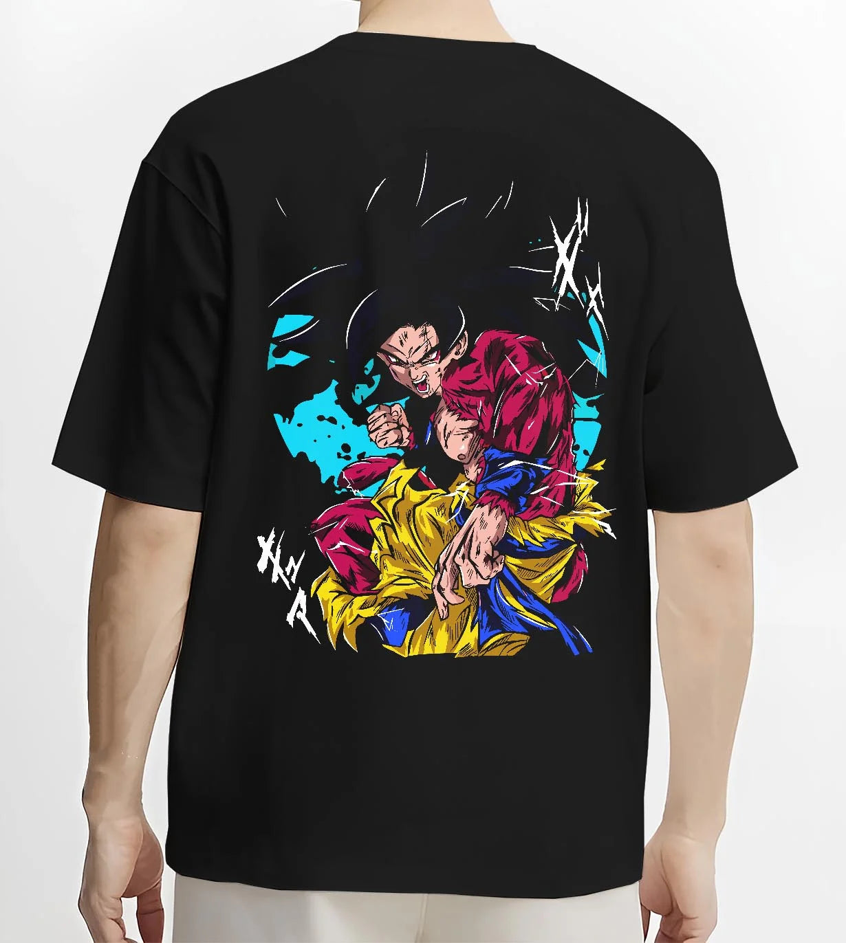 Black T-shirt worn by male model, back view with Dragon Ball Z Hoodie Goku Super Saiyan 4 Power Jumper graphic streetwear graphic.
