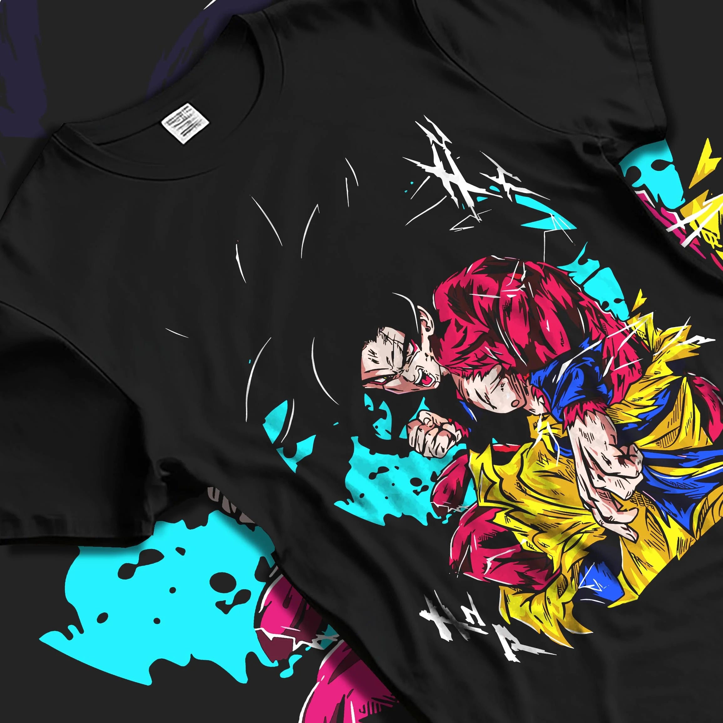 Black T-shirt laid flat with natural folds with Dragon Ball Z Hoodie Goku Super Saiyan 4 Power Jumper graphic Goku themed artwork.