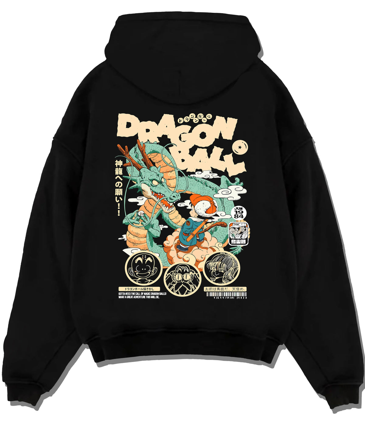 Black hoodie flat back view with Young Son Goku riding Shenron from Dragon Ball illustrated back graphic