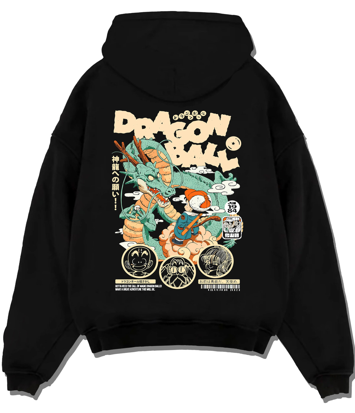 Black hoodie flat back view with Young Son Goku riding Shenron from Dragon Ball illustrated back graphic