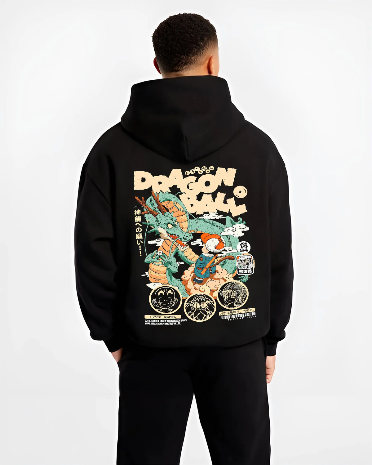 Black hoodie model back view with Young Son Goku riding Shenron from Dragon Ball illustrated back graphic