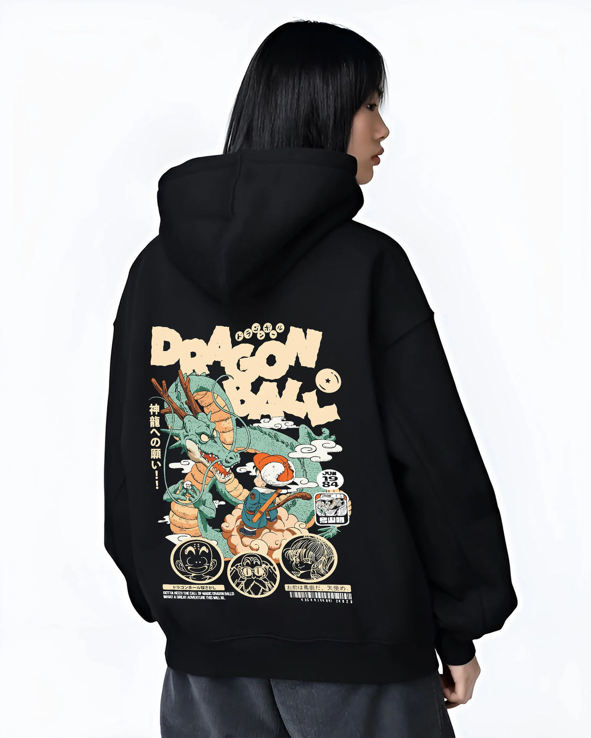 Black hoodie female model back view with Young Son Goku riding Shenron from Dragon Ball illustrated back graphic