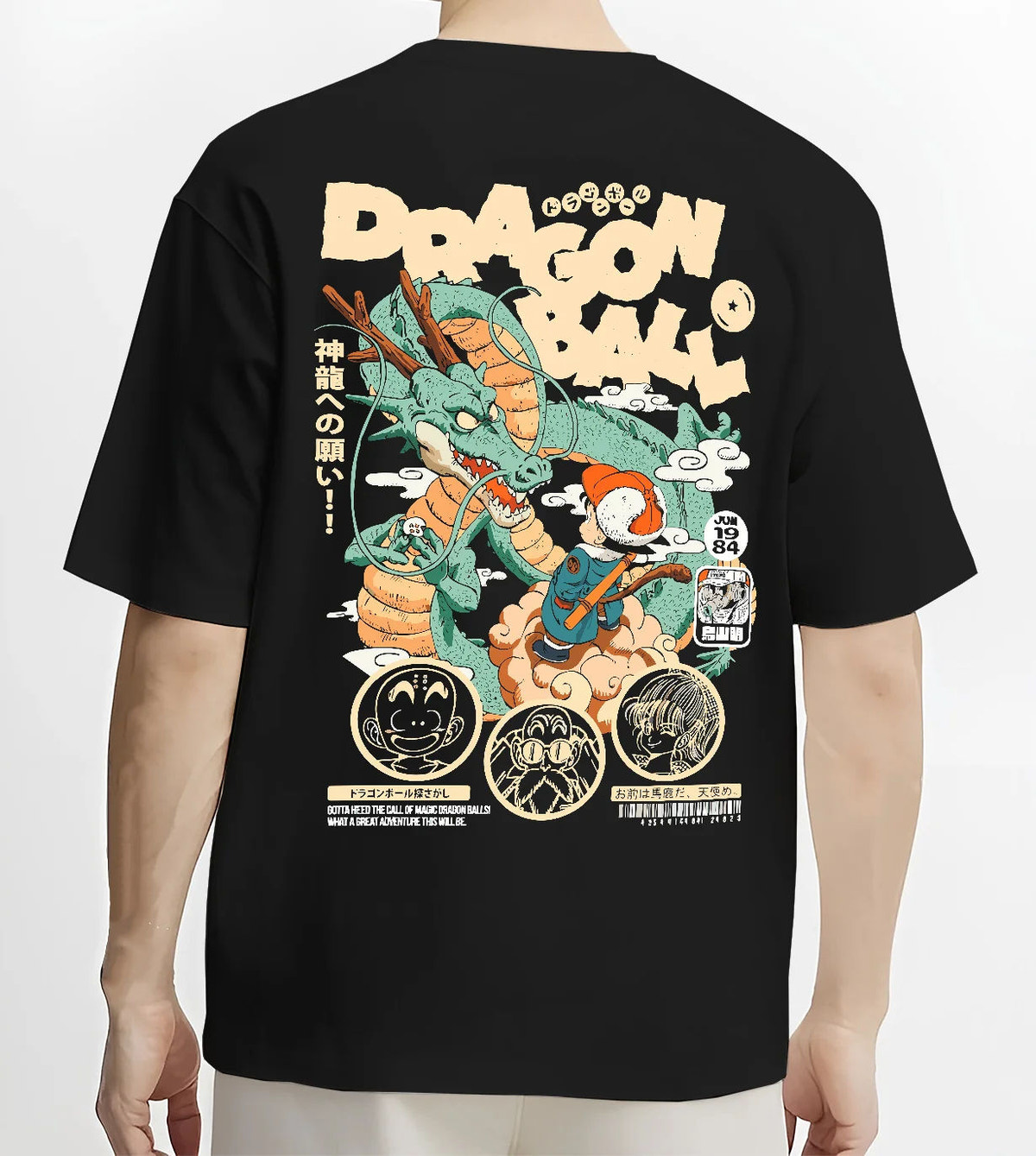 Black T-shirt model back view with Young Son Goku riding Shenron from Dragon Ball illustrated back graphic