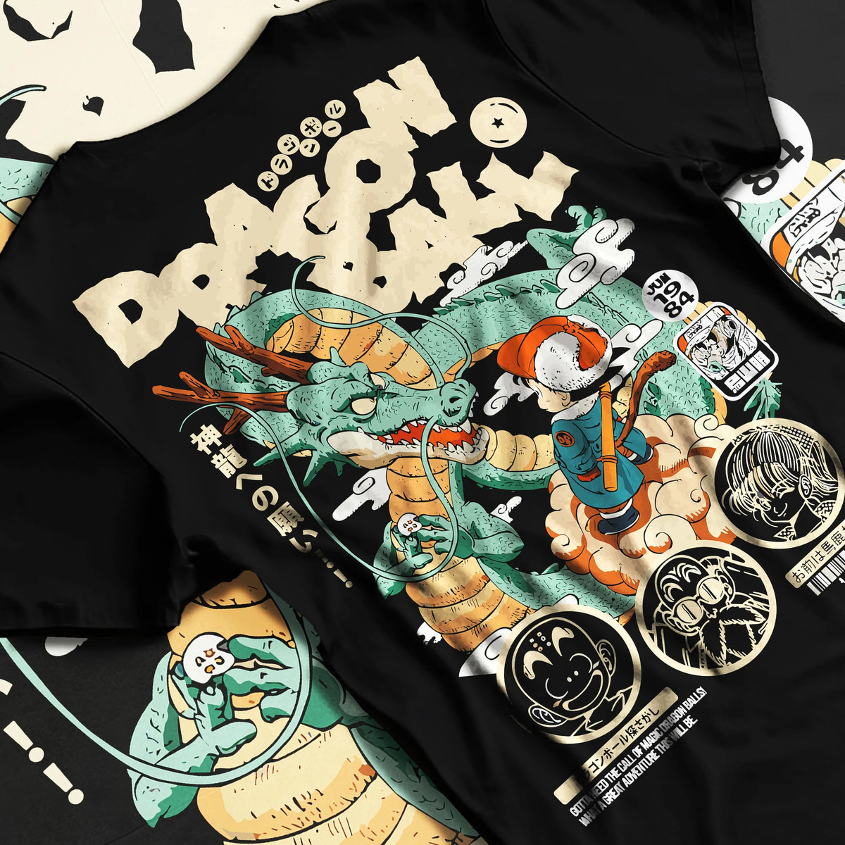 Black T-shirt flat back view with Young Son Goku riding Shenron from Dragon Ball illustrated back graphic