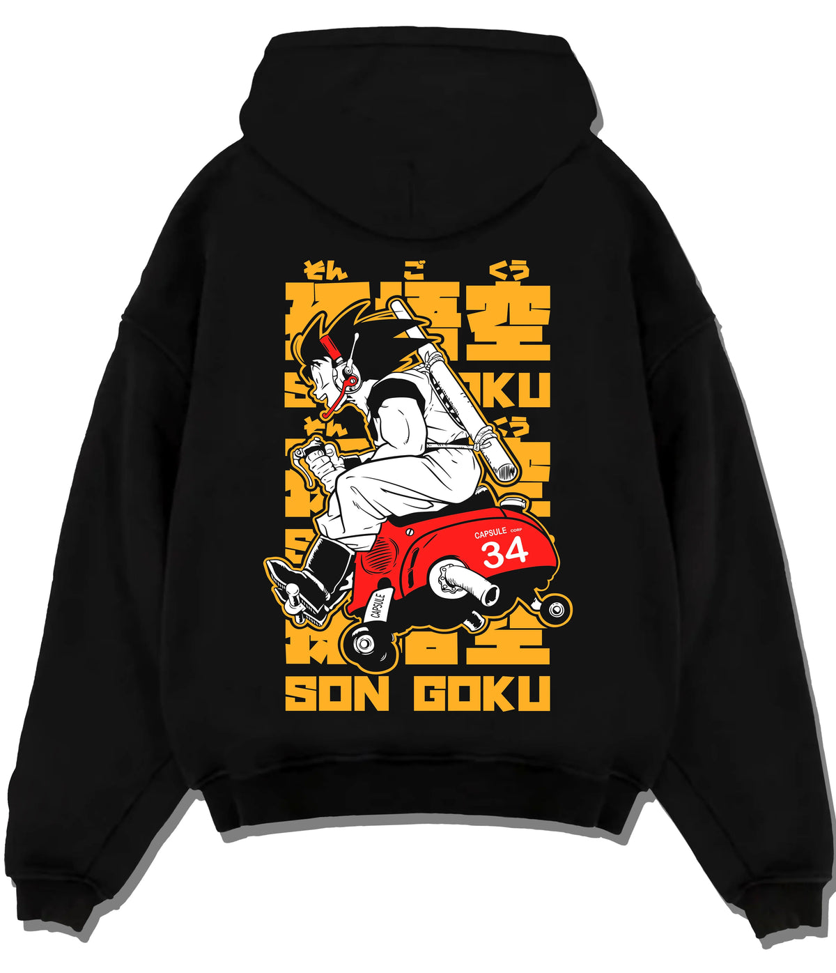 Black hoodie flat back view showing Son Goku from Dragon Ball: motorcycle with 34 racing number