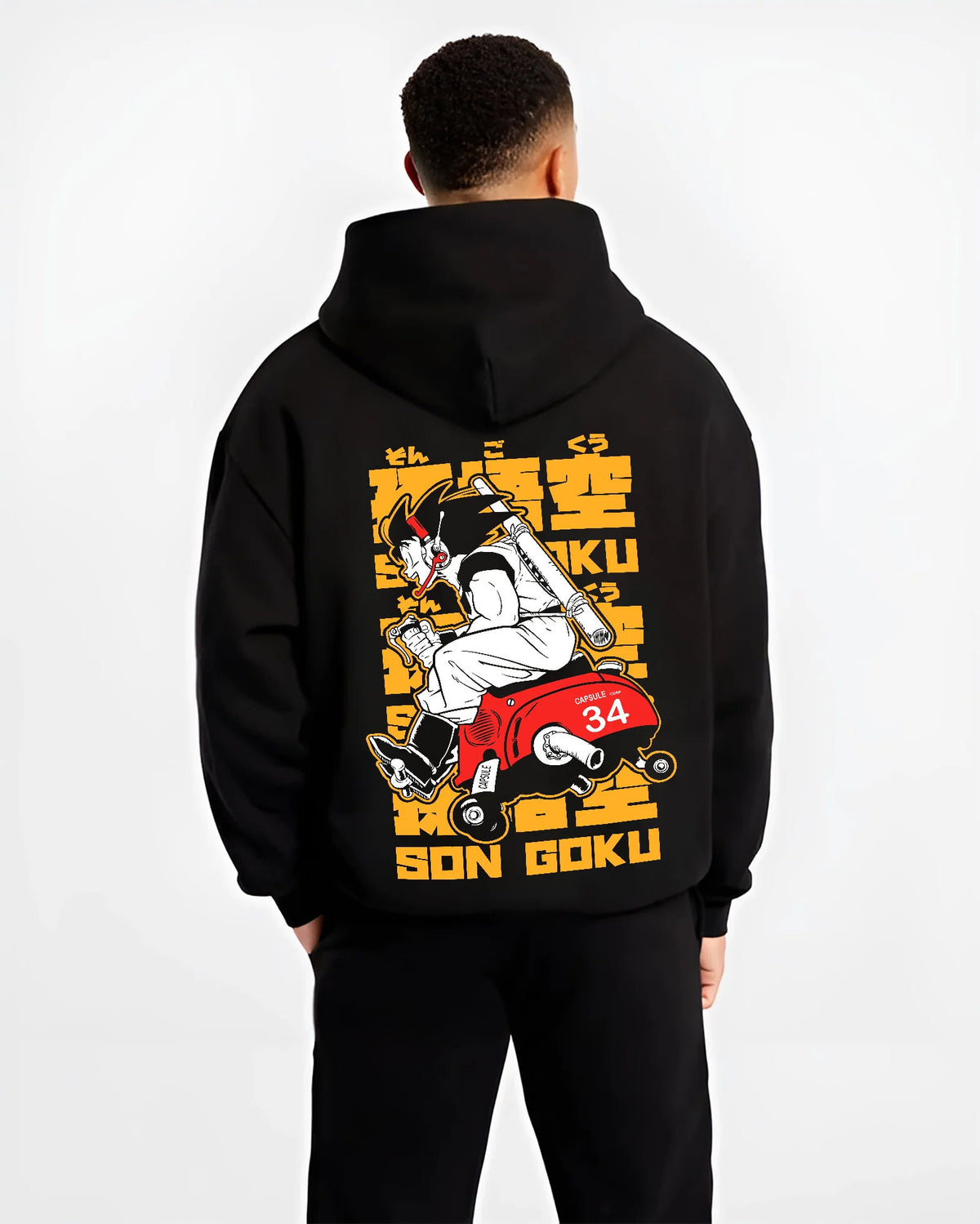 Black hoodie model back view showing Son Goku from Dragon Ball: motorcycle with 34 racing number