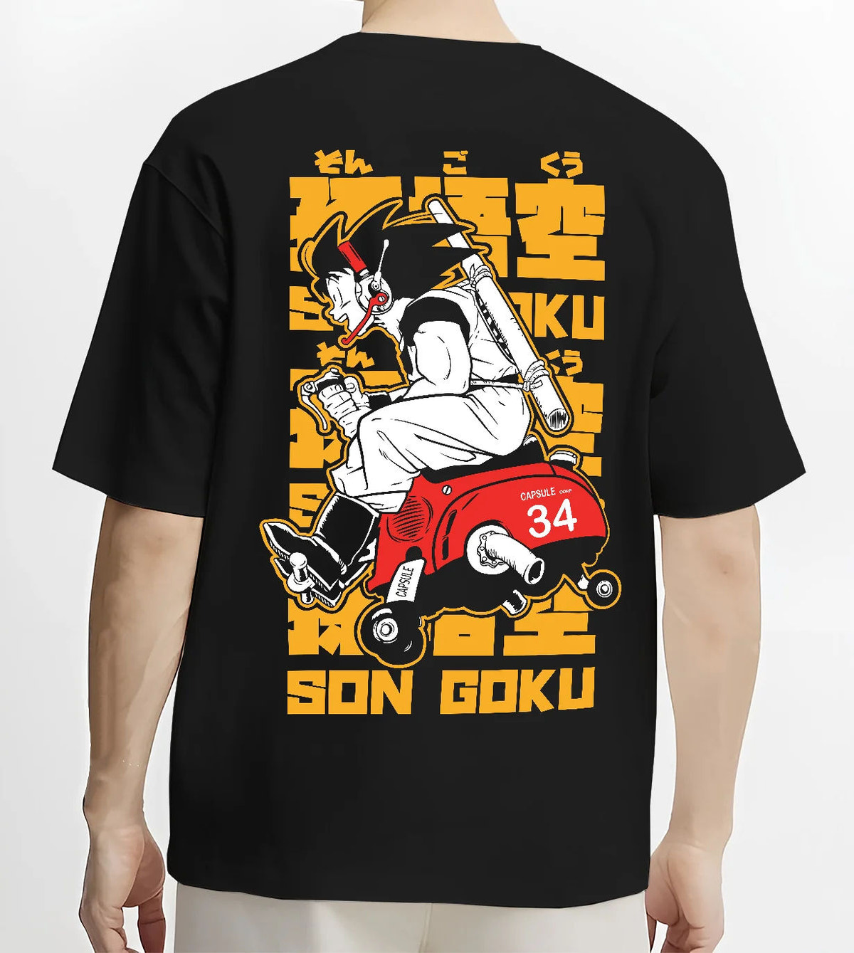 Black T-shirt model back view showing Son Goku from Dragon Ball: motorcycle with 34 racing number
