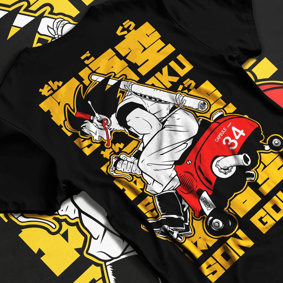 Black T-shirt flat back view showing Son Goku from Dragon Ball: motorcycle with 34 racing number