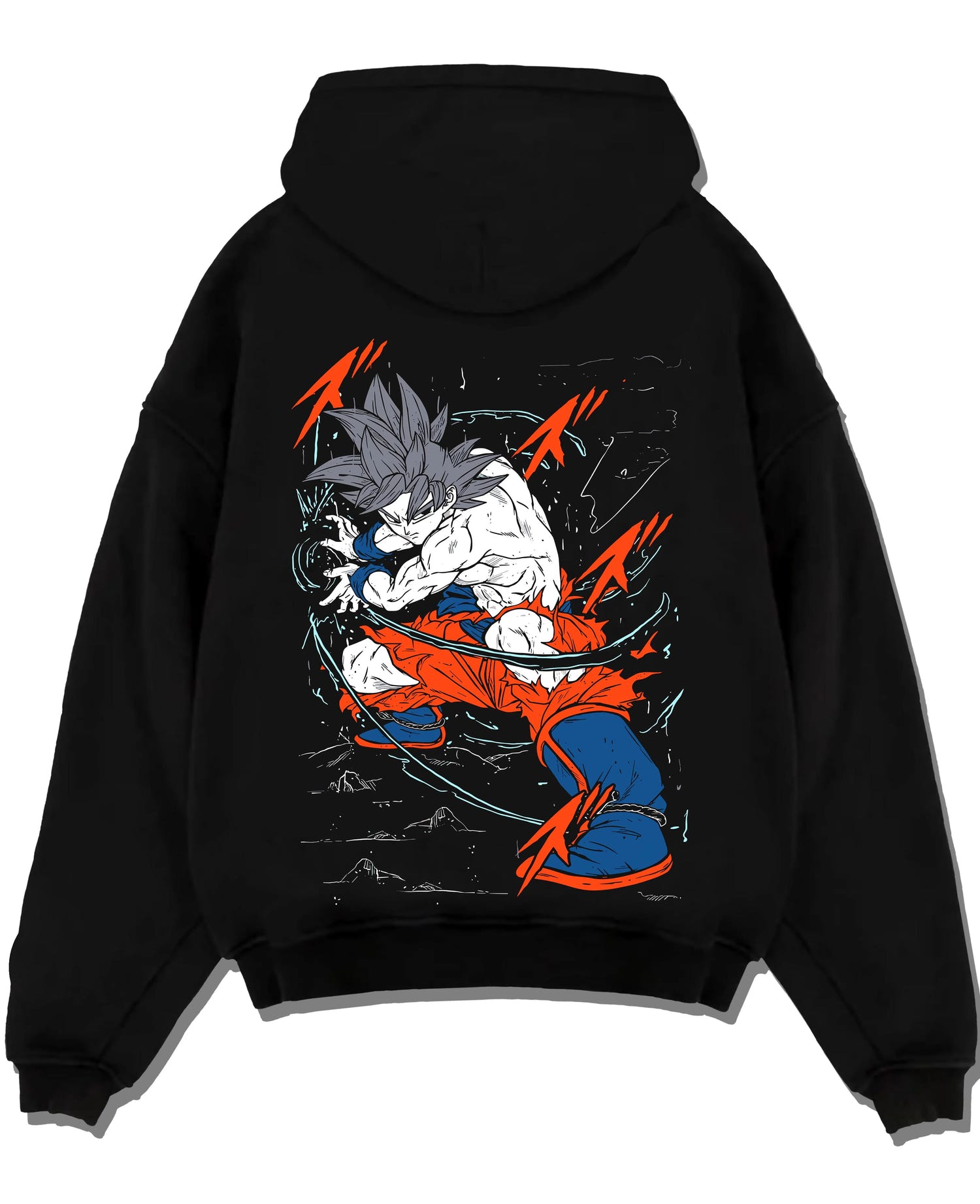 Black pullover hoodie laid flat with Dragon Ball Z Hoodie Goku Ultra Instinct Jumper graphic Goku anime design.