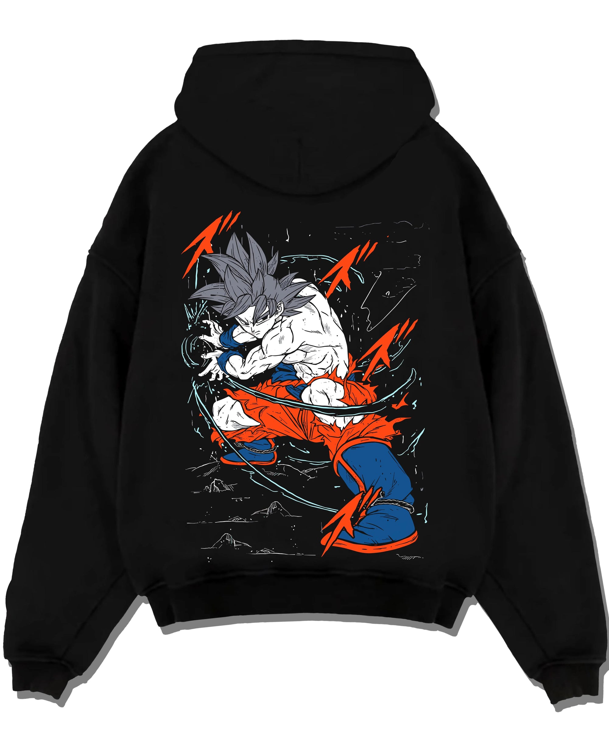 Black pullover hoodie laid flat with Dragon Ball Z Hoodie Goku Ultra Instinct Jumper graphic Goku anime design.