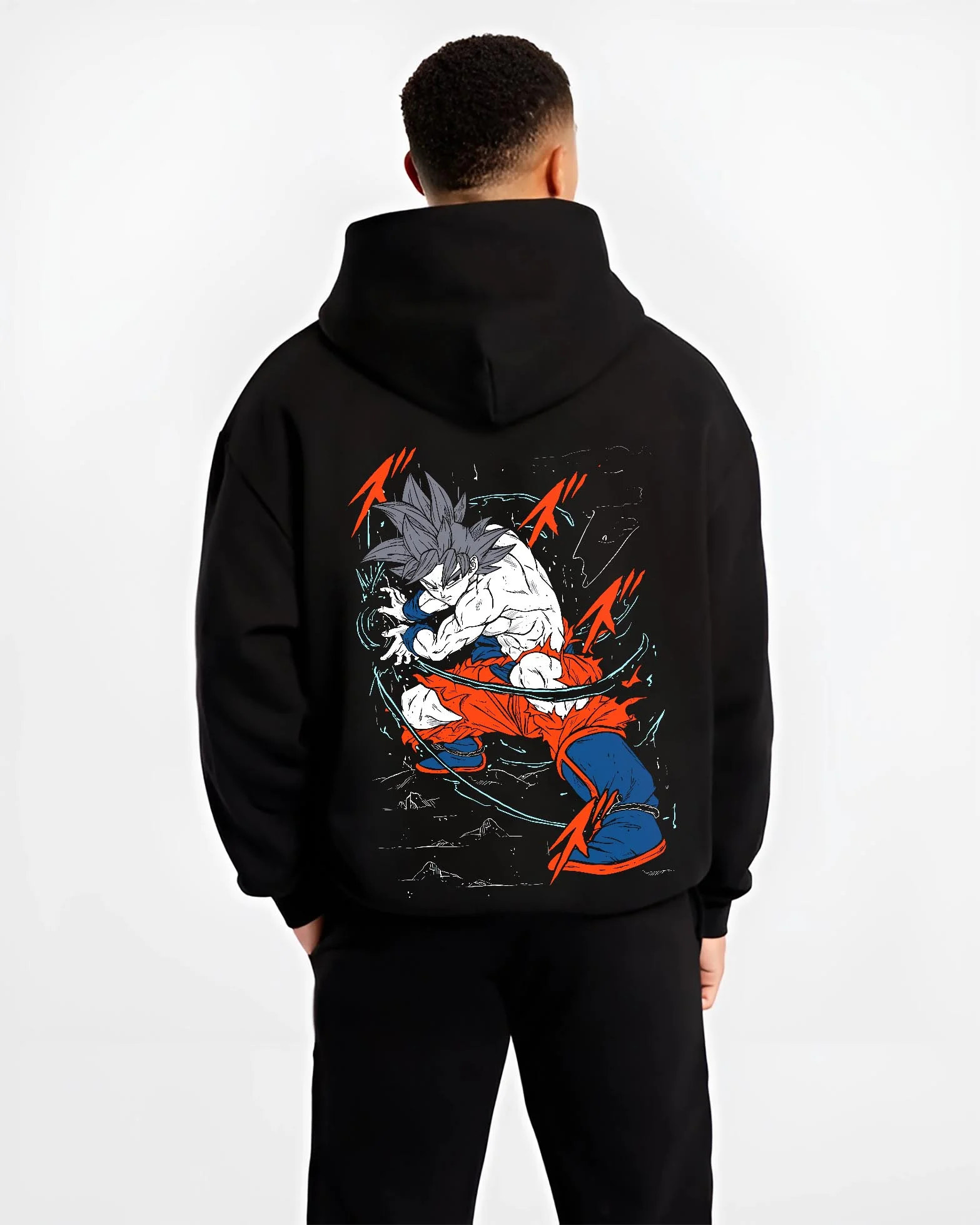 Black hoodie worn by male model, back view with Dragon Ball Z Hoodie Goku Ultra Instinct Jumper graphic streetwear graphic.