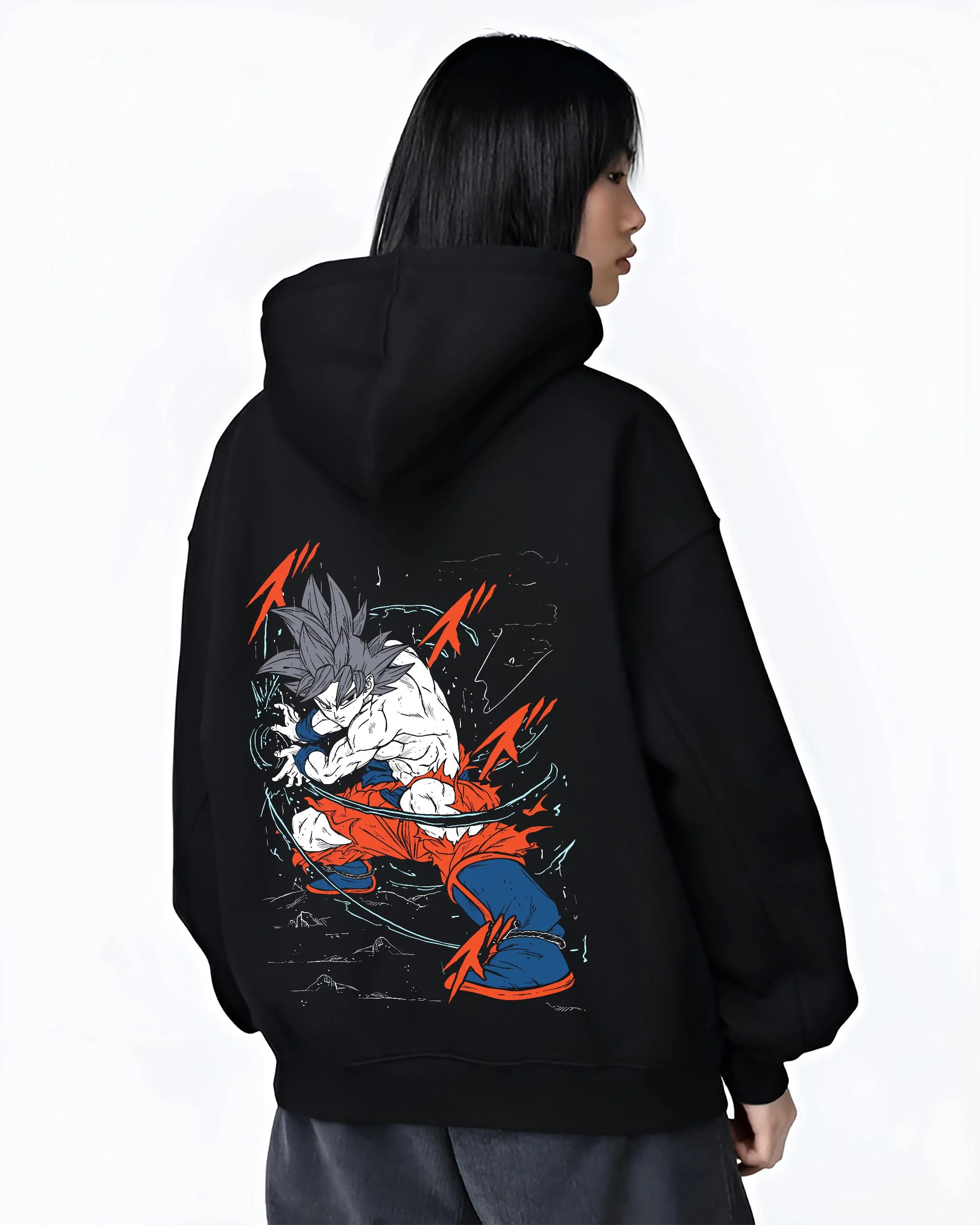 Black hoodie worn by female model, back view with Dragon Ball Z Hoodie Goku Ultra Instinct Jumper graphic premium wear.