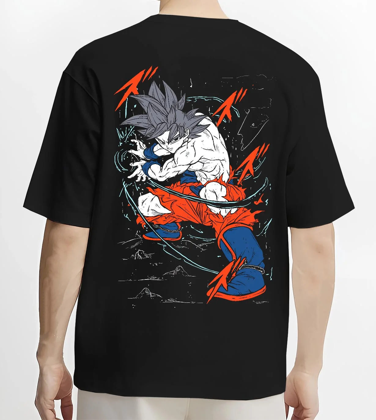 Black T-shirt worn by male model, back view with Dragon Ball Z Hoodie Goku Ultra Instinct Jumper graphic streetwear graphic.