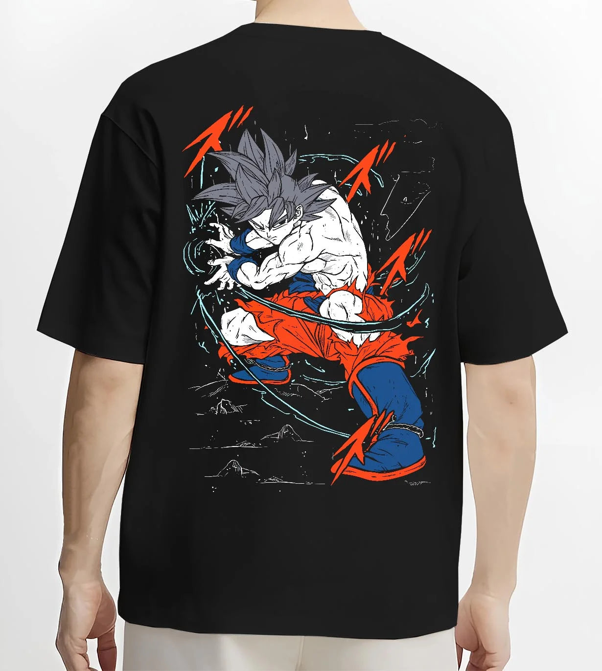 Black T-shirt worn by male model, back view with Dragon Ball Z Hoodie Goku Ultra Instinct Jumper graphic streetwear graphic.