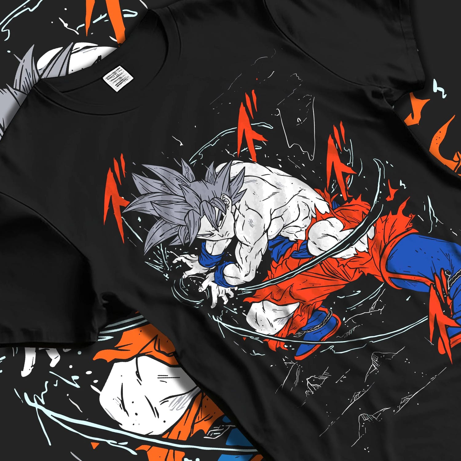 Black T-shirt laid flat with natural folds with Dragon Ball Z Hoodie Goku Ultra Instinct Jumper graphic Goku themed artwork.