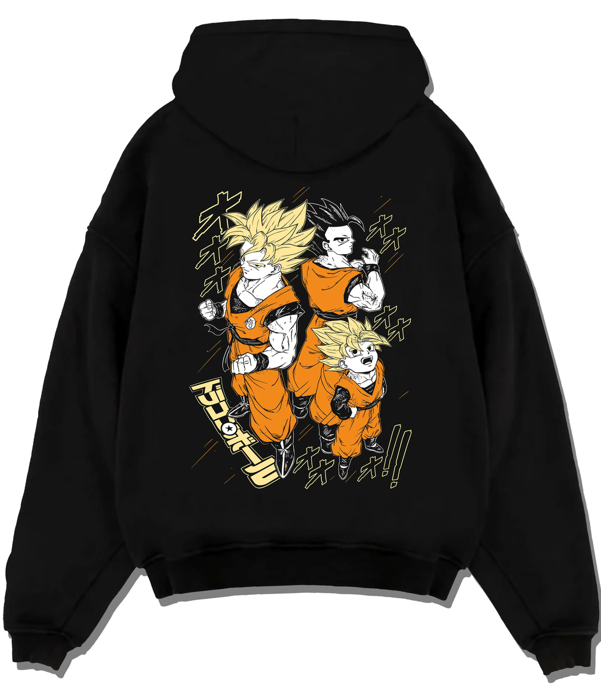 Black hoodie flat back view showing Son Goku and Gohan from Dragon Ball: three-form illustration