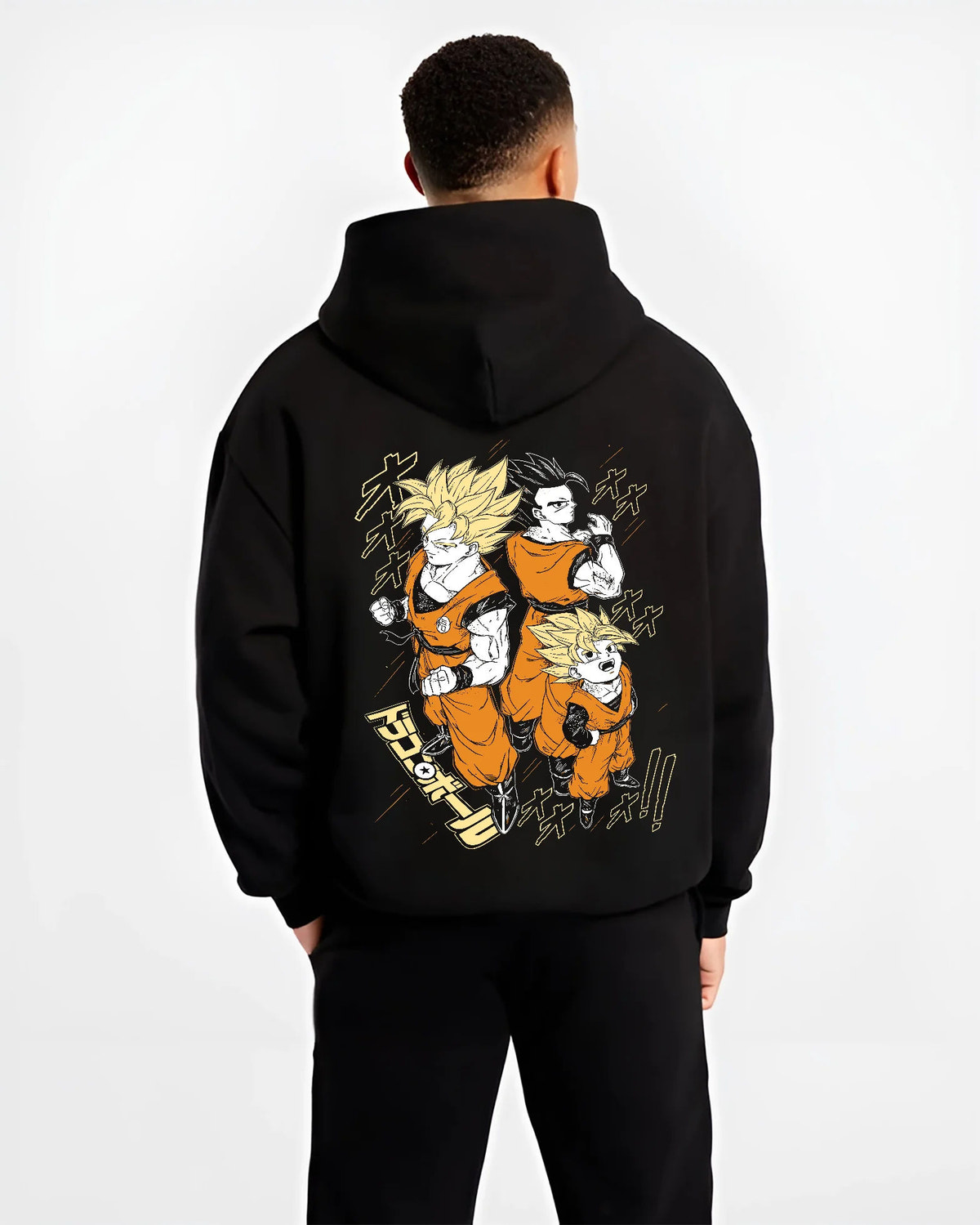 Black hoodie model back view showing Son Goku and Gohan from Dragon Ball: three-form illustration