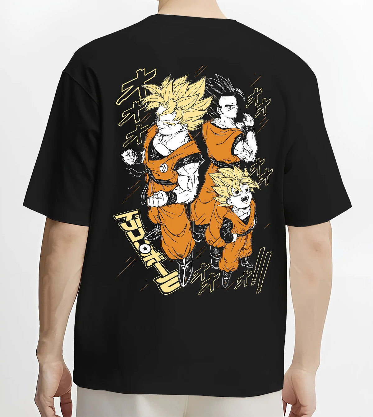 Black T-shirt model back view showing Son Goku and Gohan from Dragon Ball: three-form illustration