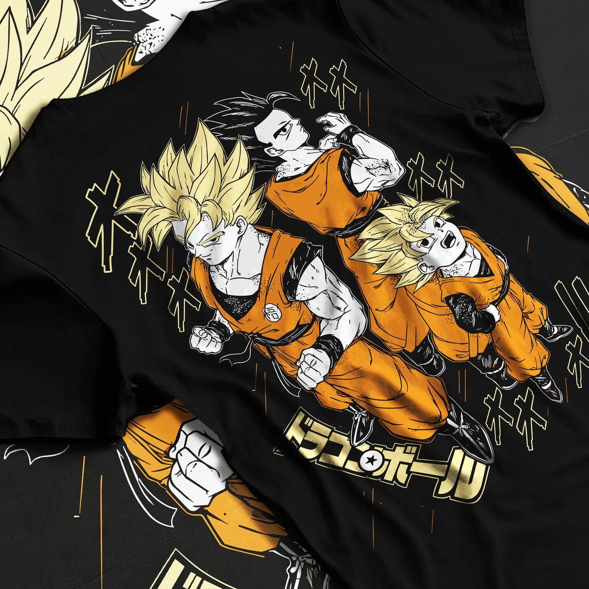 Black T-shirt flat back view showing Son Goku and Gohan from Dragon Ball: three-form illustration