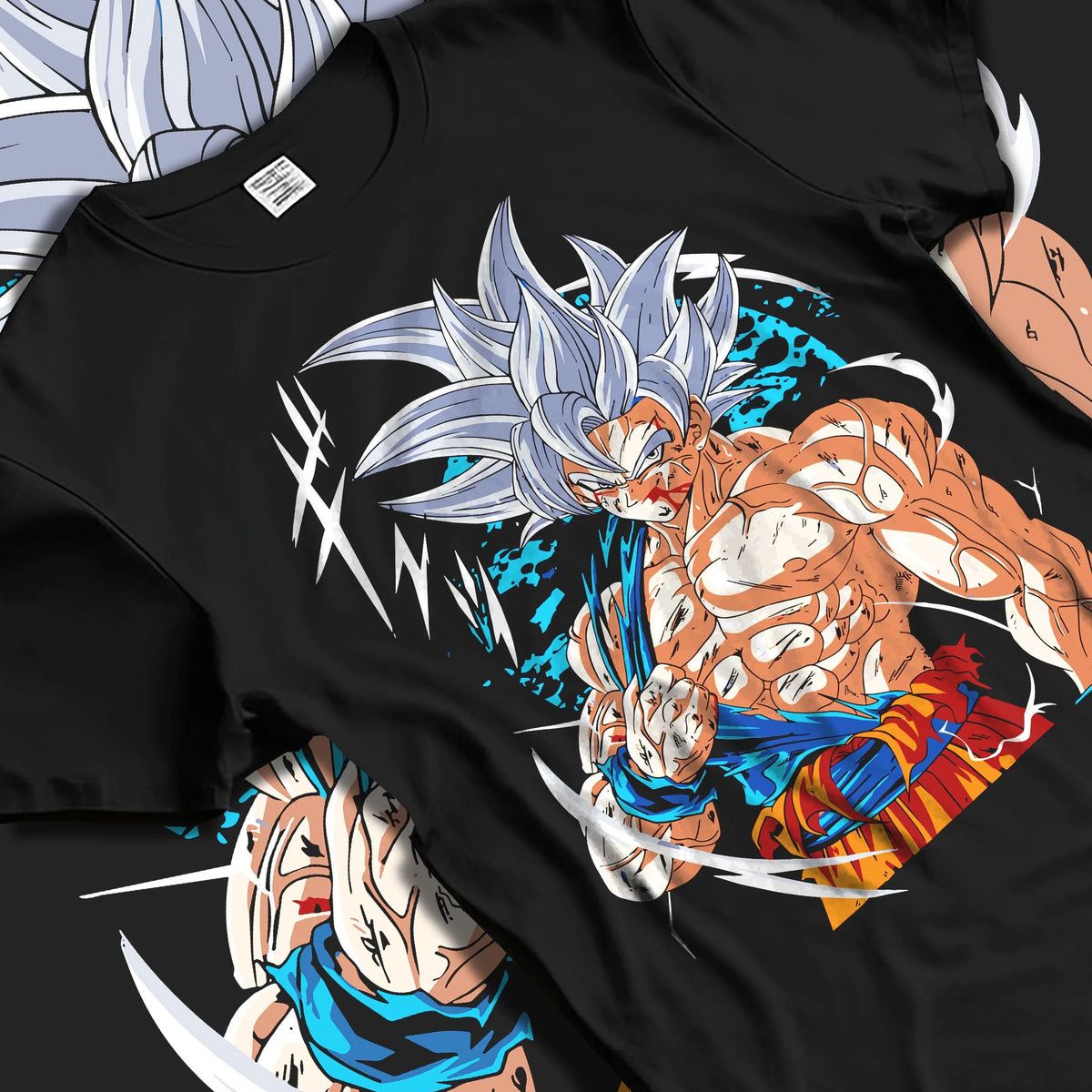 Black T-shirt laid flat with natural folds featuring Goku mastered Ultra Instinct artwork.