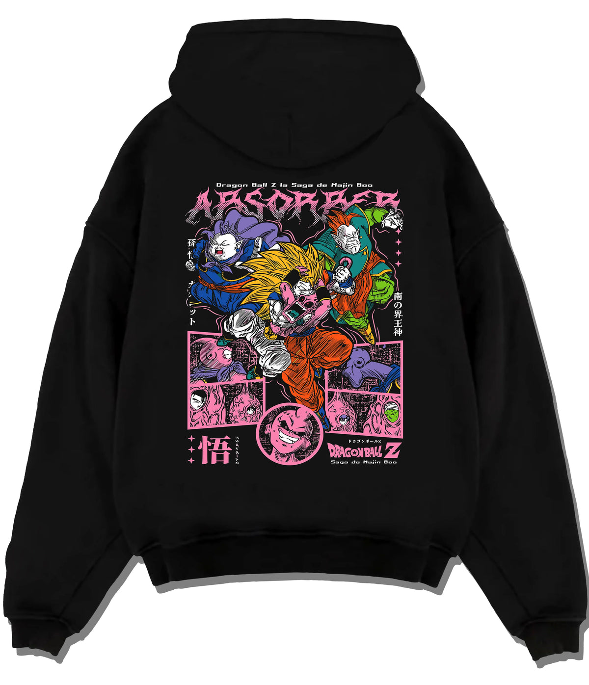 Black hoodie flat back view showing Dragon Ball Z: Saiyans and Majin-era villains collage