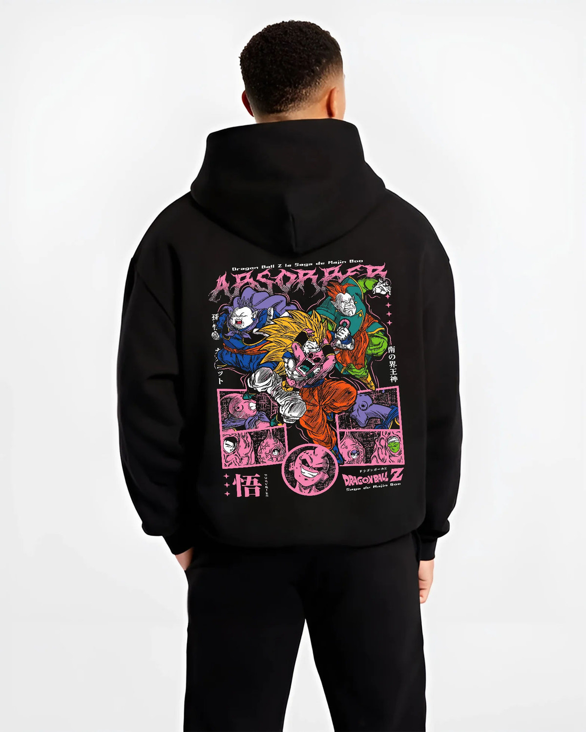 Black hoodie model back view showing Dragon Ball Z: Saiyans and Majin-era villains collage