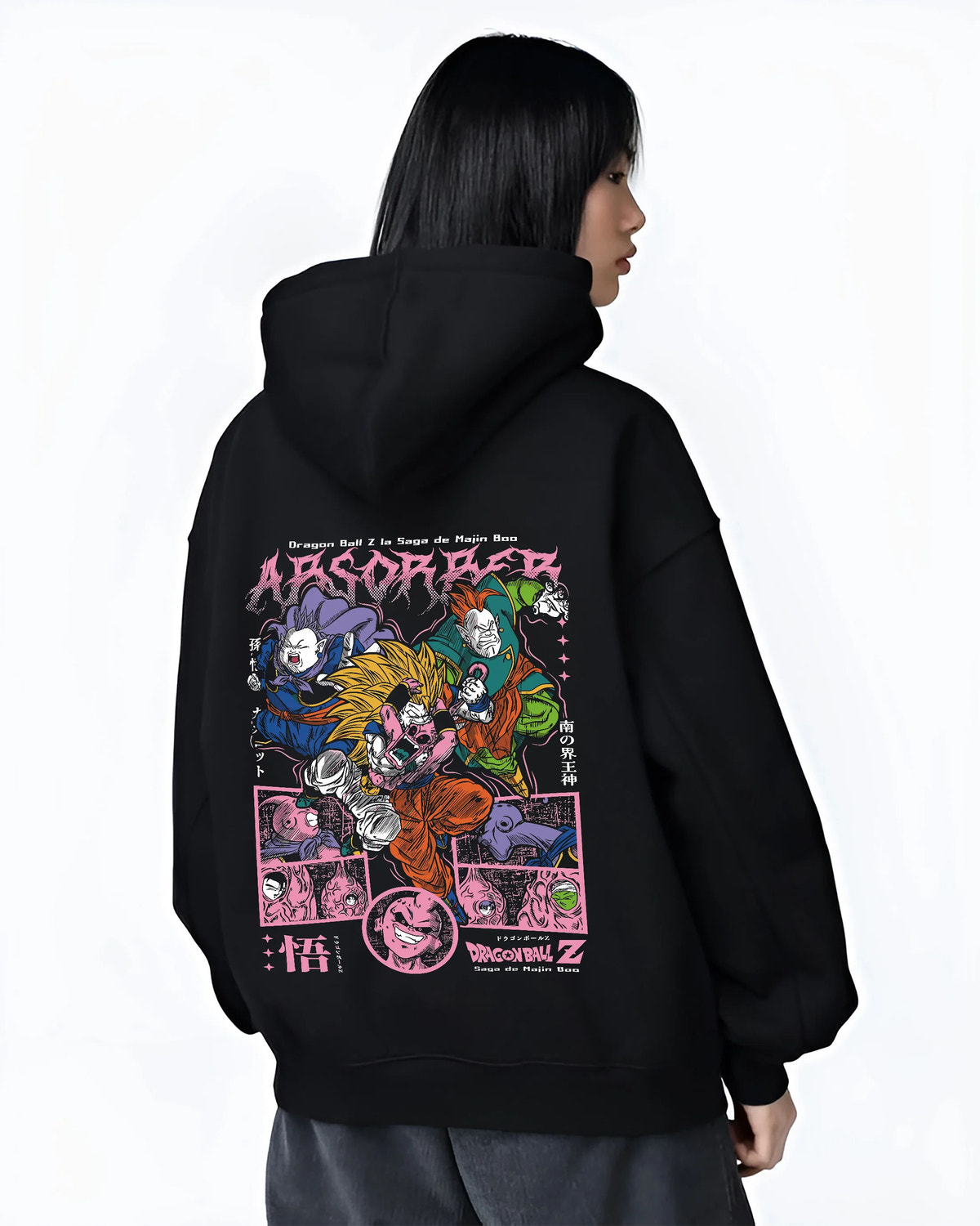 Black hoodie female model back view showing Dragon Ball Z: Saiyans and Majin-era villains collage