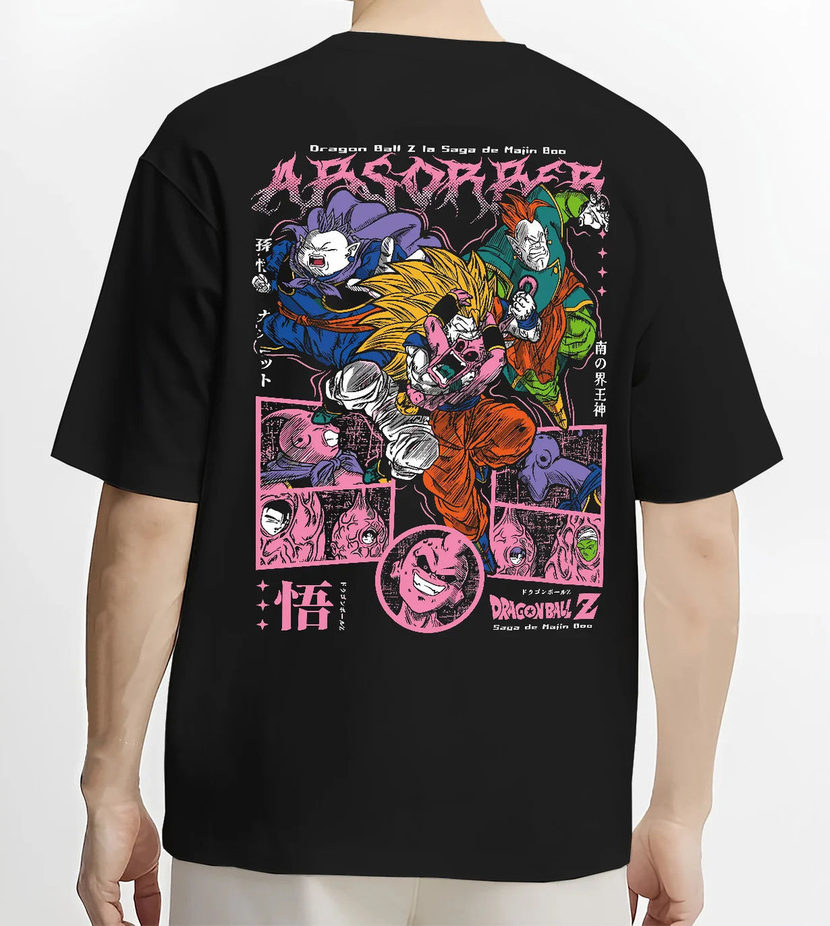 Black T-shirt model back view showing Dragon Ball Z: Saiyans and Majin-era villains collage