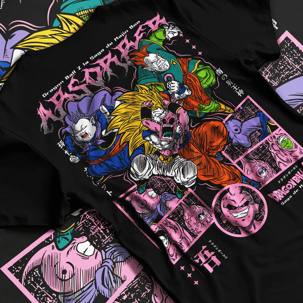 Black T-shirt flat back view showing Dragon Ball Z: Saiyans and Majin-era villains collage