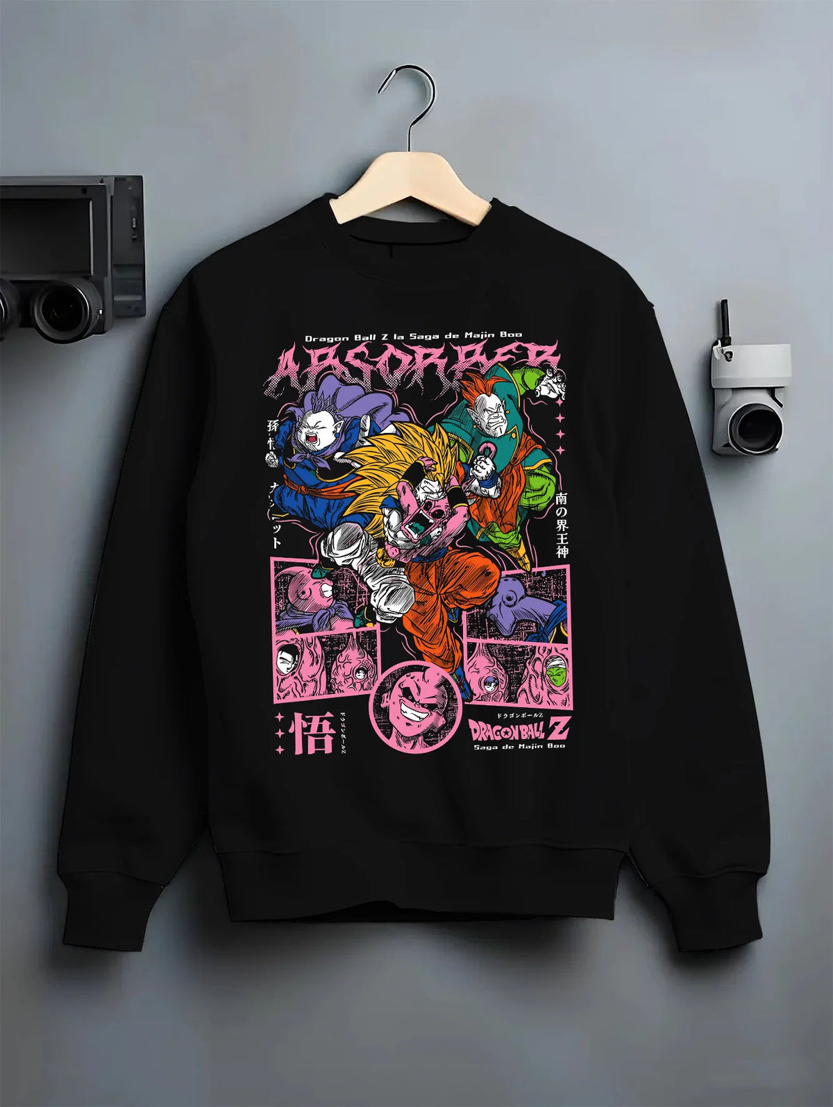 Black crewneck sweatshirt on hanger showing Dragon Ball Z: Saiyans and Majin-era villains collage