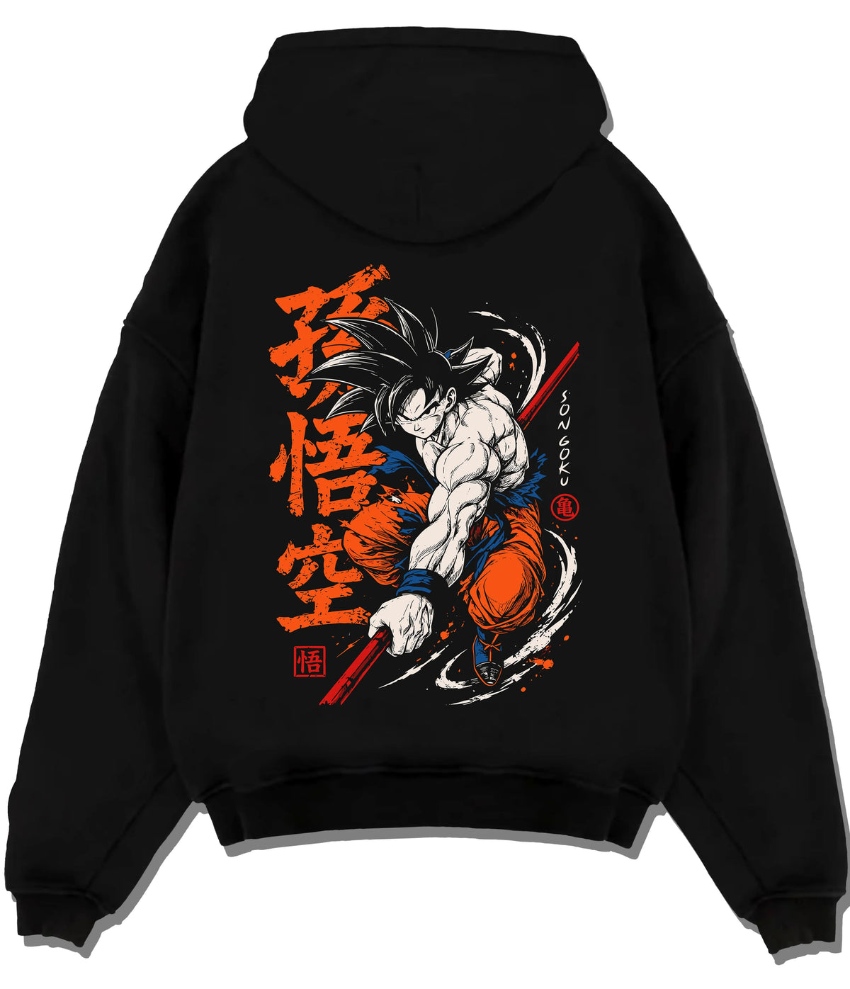 Black hoodie flat back view showing Son Goku from Dragon Ball: dynamic martial arts strike