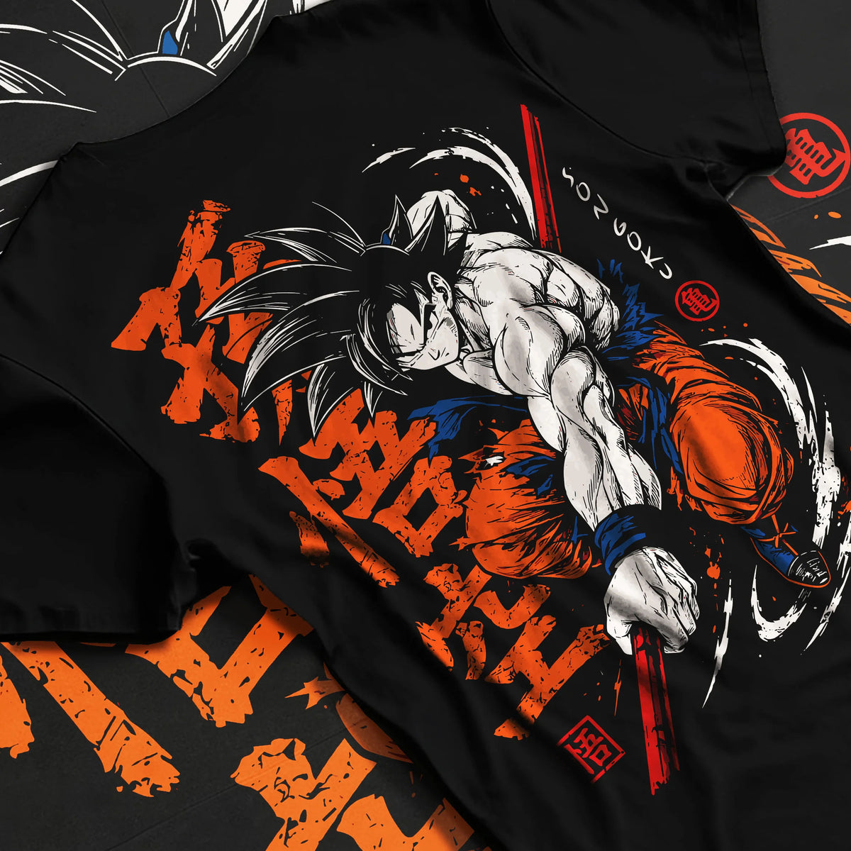 Black T-shirt flat back view showing Son Goku from Dragon Ball: dynamic martial arts strike