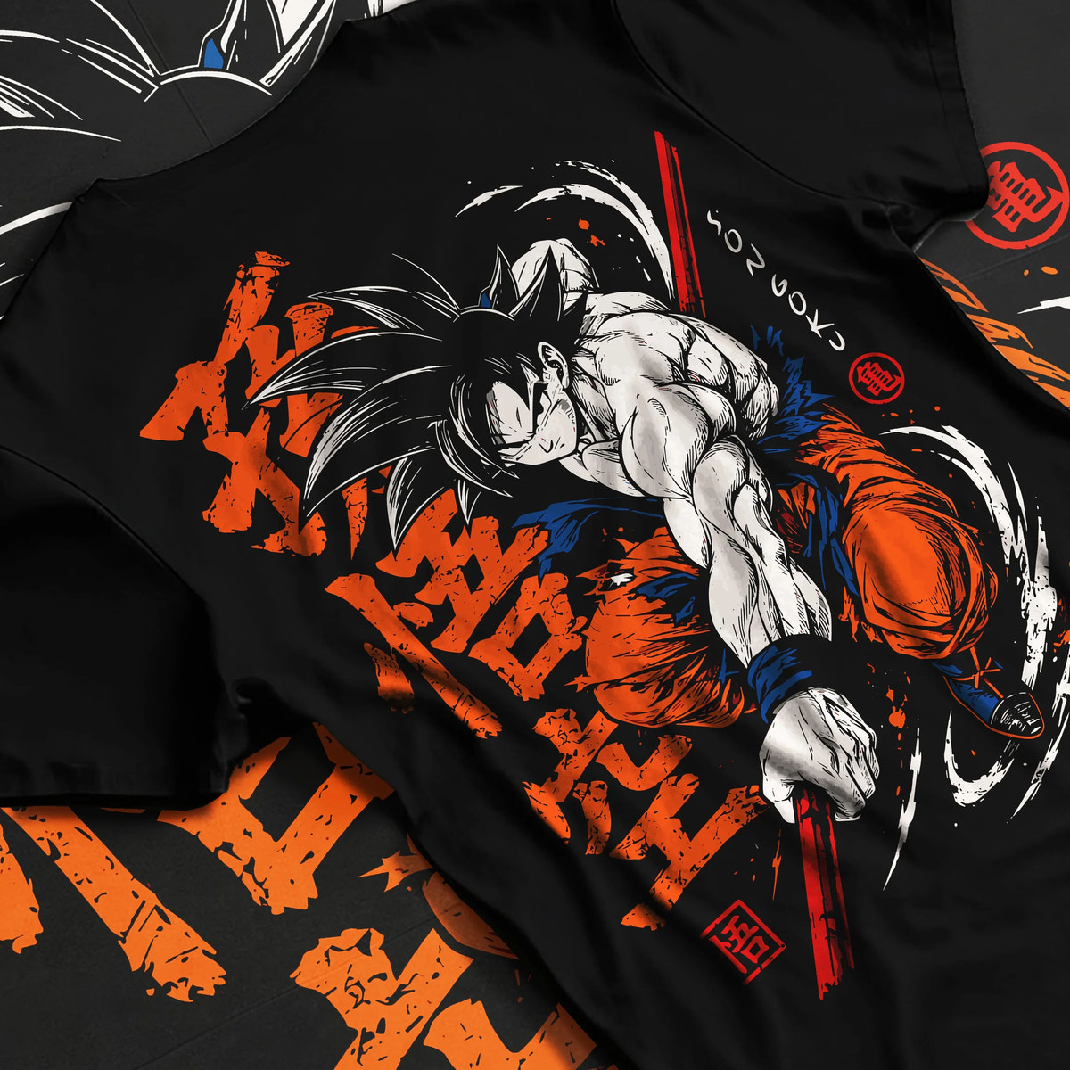 Black T-shirt flat back view showing Son Goku from Dragon Ball: dynamic martial arts strike
