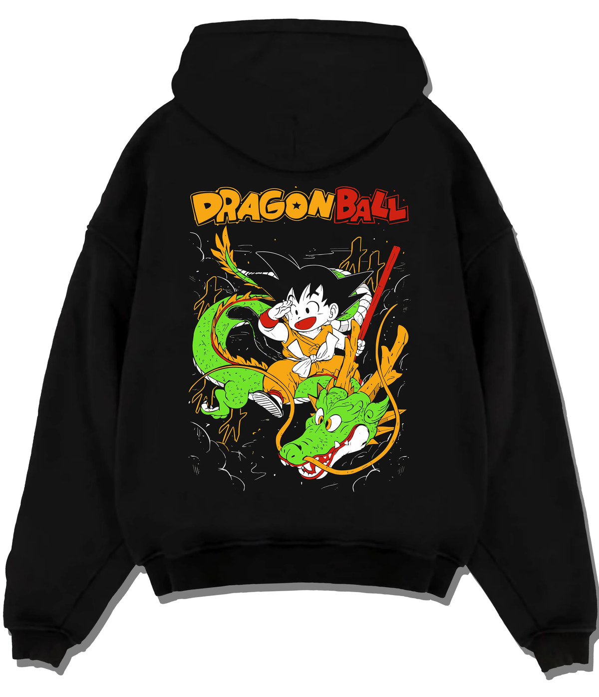 Black hoodie flat back view with Young Son Goku riding Shenron from Dragon Ball illustrated back graphic