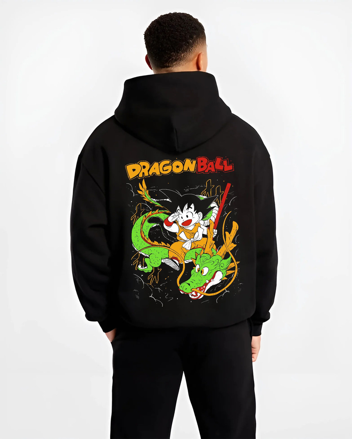 Black hoodie model back view with Young Son Goku riding Shenron from Dragon Ball illustrated back graphic