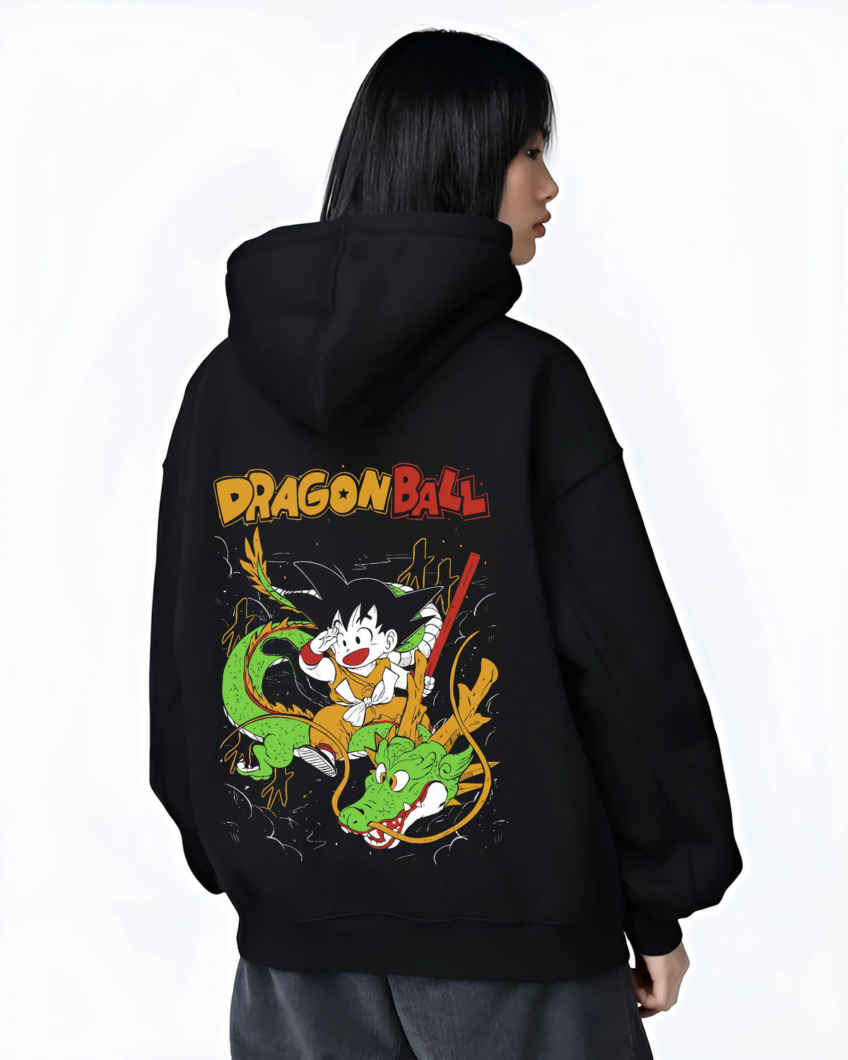 Black hoodie female model back view with Young Son Goku riding Shenron from Dragon Ball illustrated back graphic