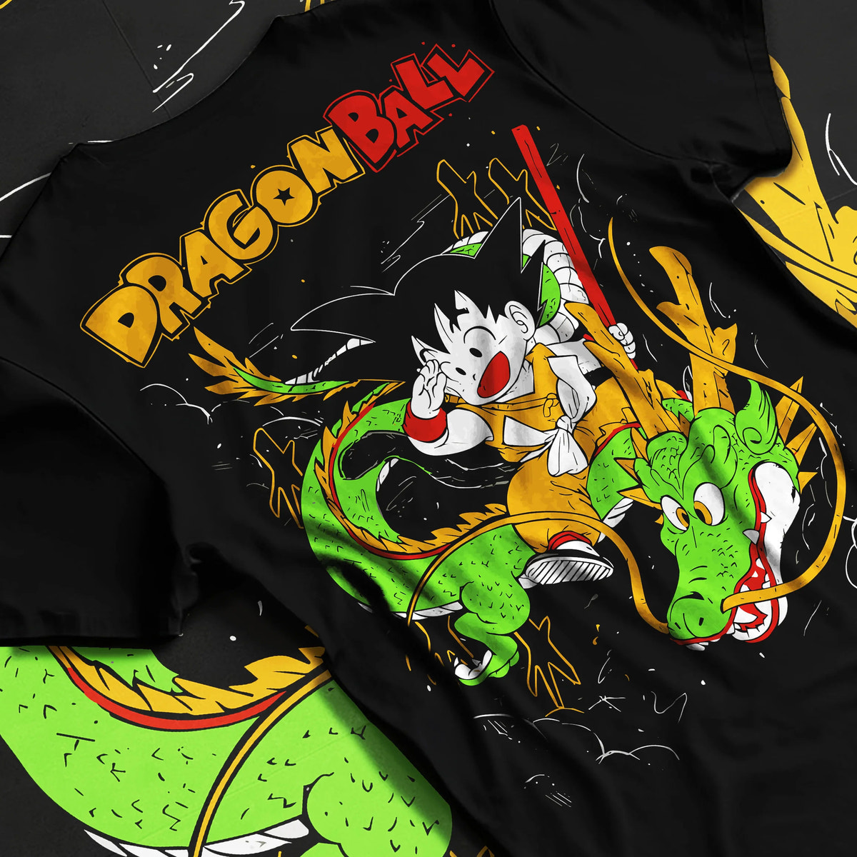 Black T-shirt flat back view with Young Son Goku riding Shenron from Dragon Ball illustrated back graphic