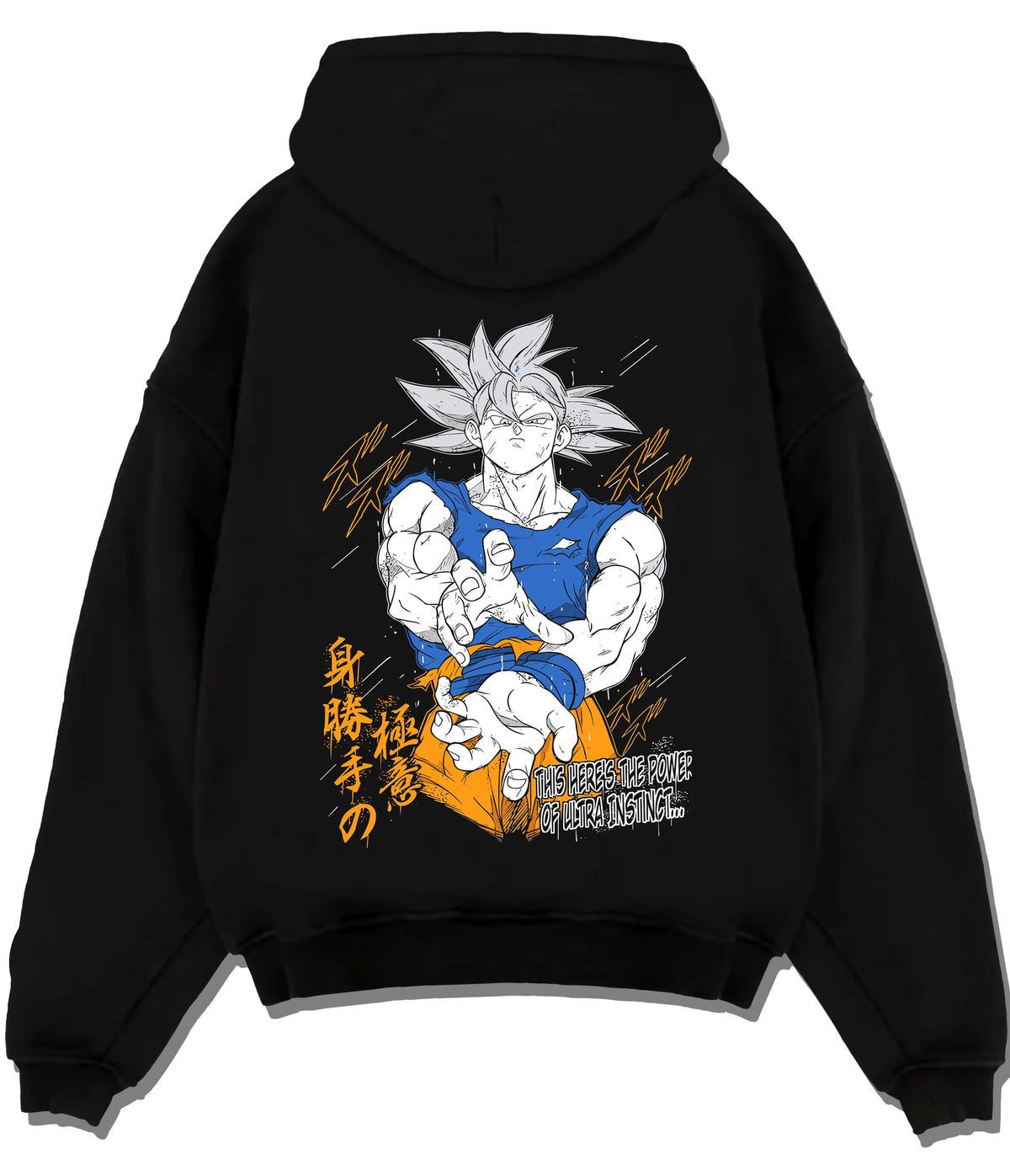 Black hoodie flat back view showing Son Goku from Dragon Ball: Ultra Instinct white-haired power pose