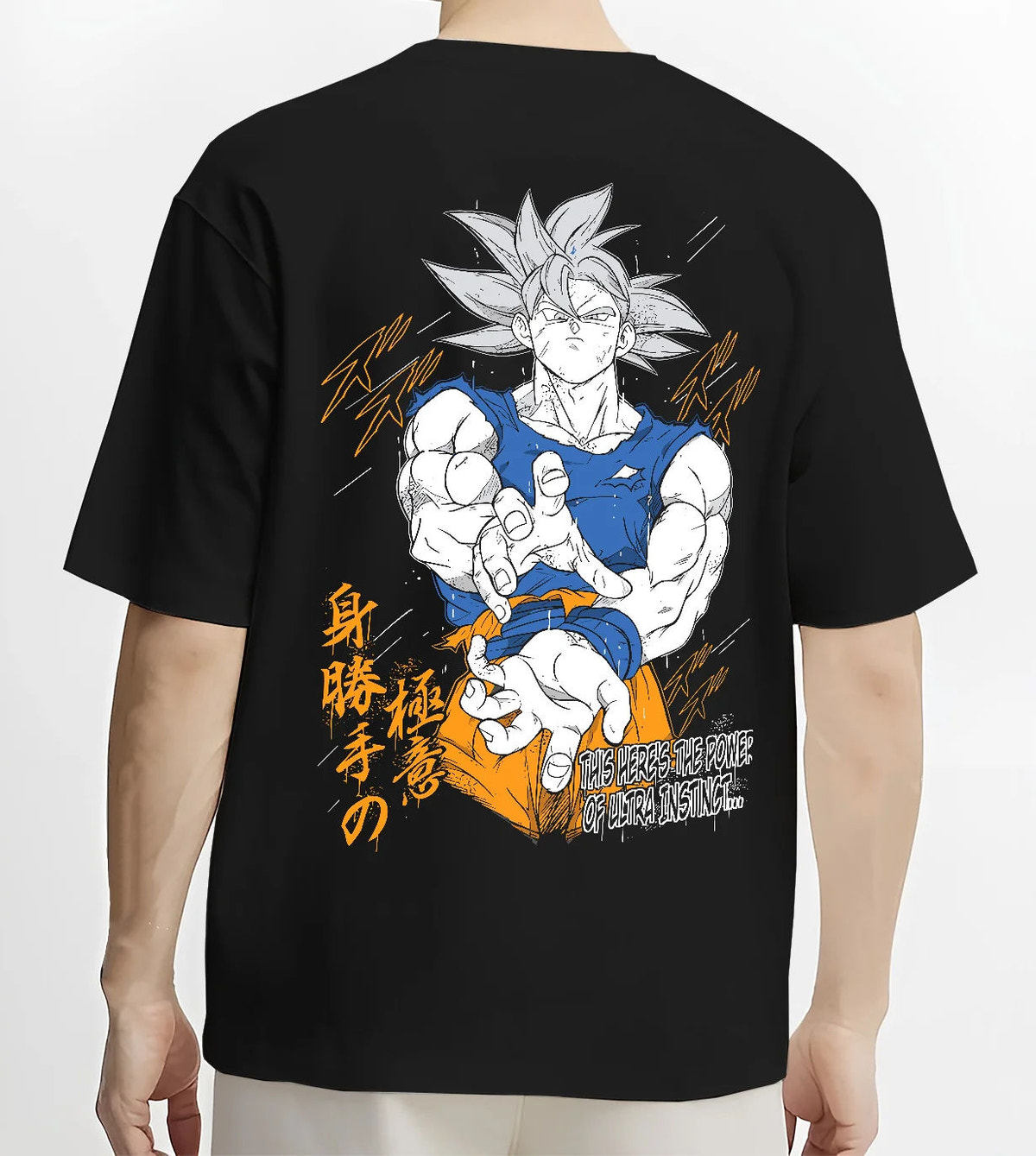 Black T-shirt model back view showing Son Goku from Dragon Ball: Ultra Instinct white-haired power pose