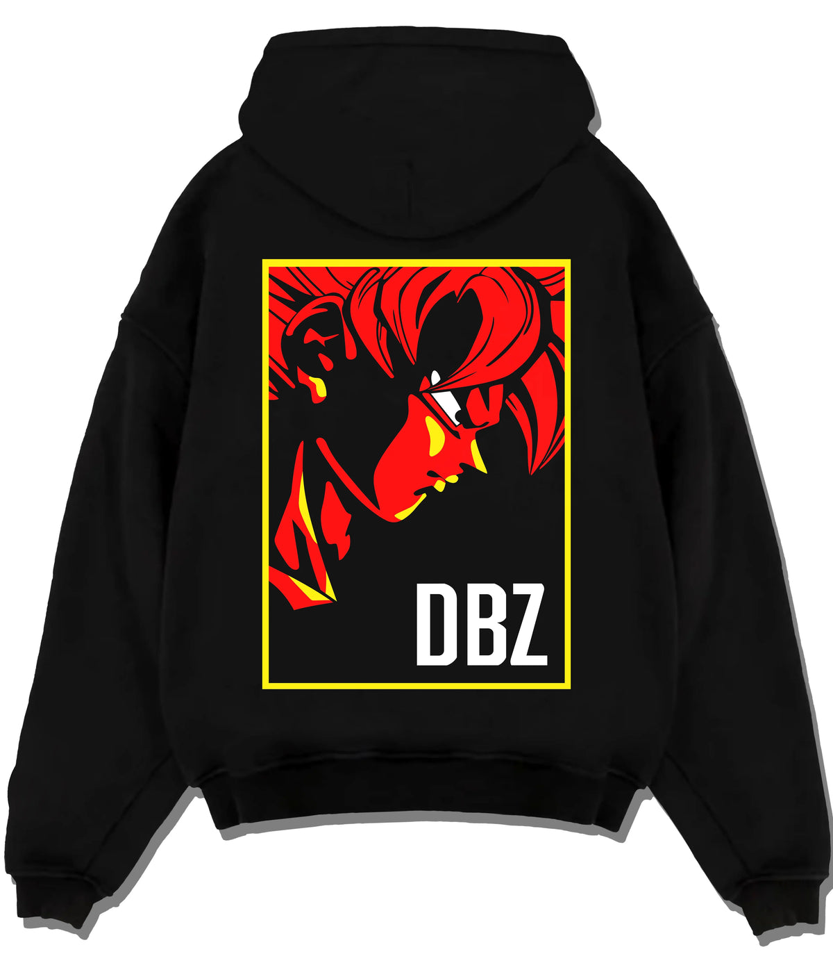 Black hoodie flat back view showing Dragon Ball Z: red silhouette character poster