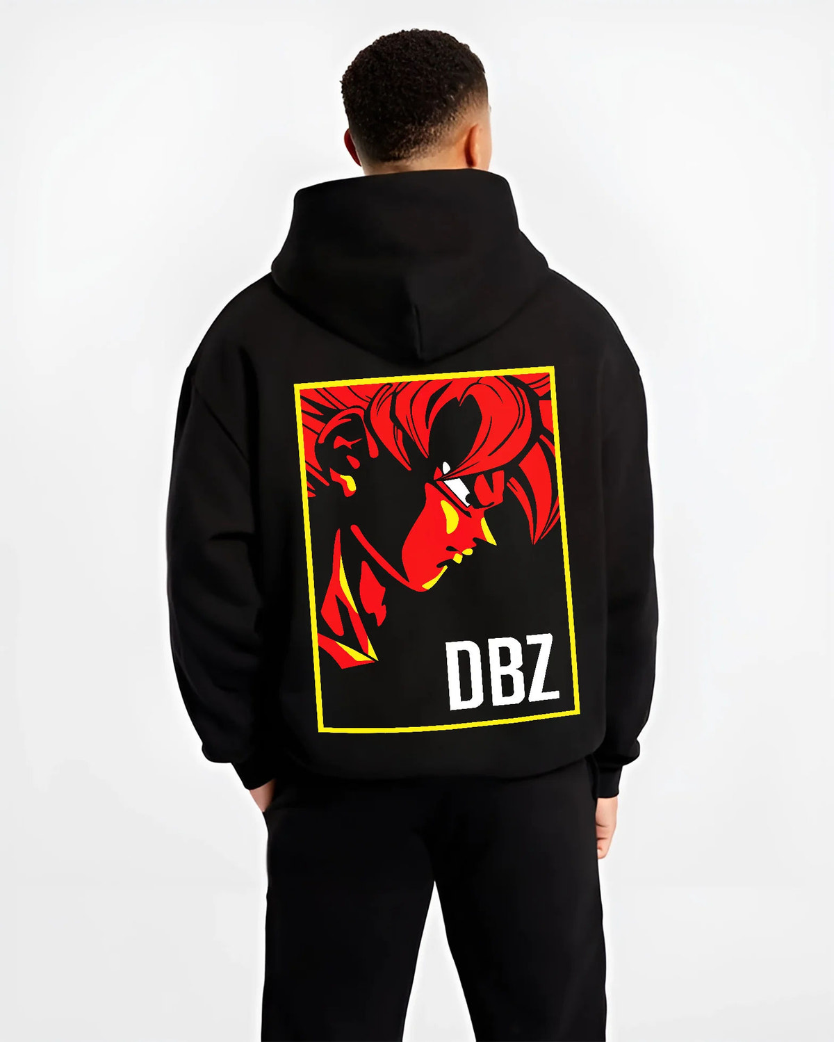 Black hoodie model back view showing Dragon Ball Z: red silhouette character poster